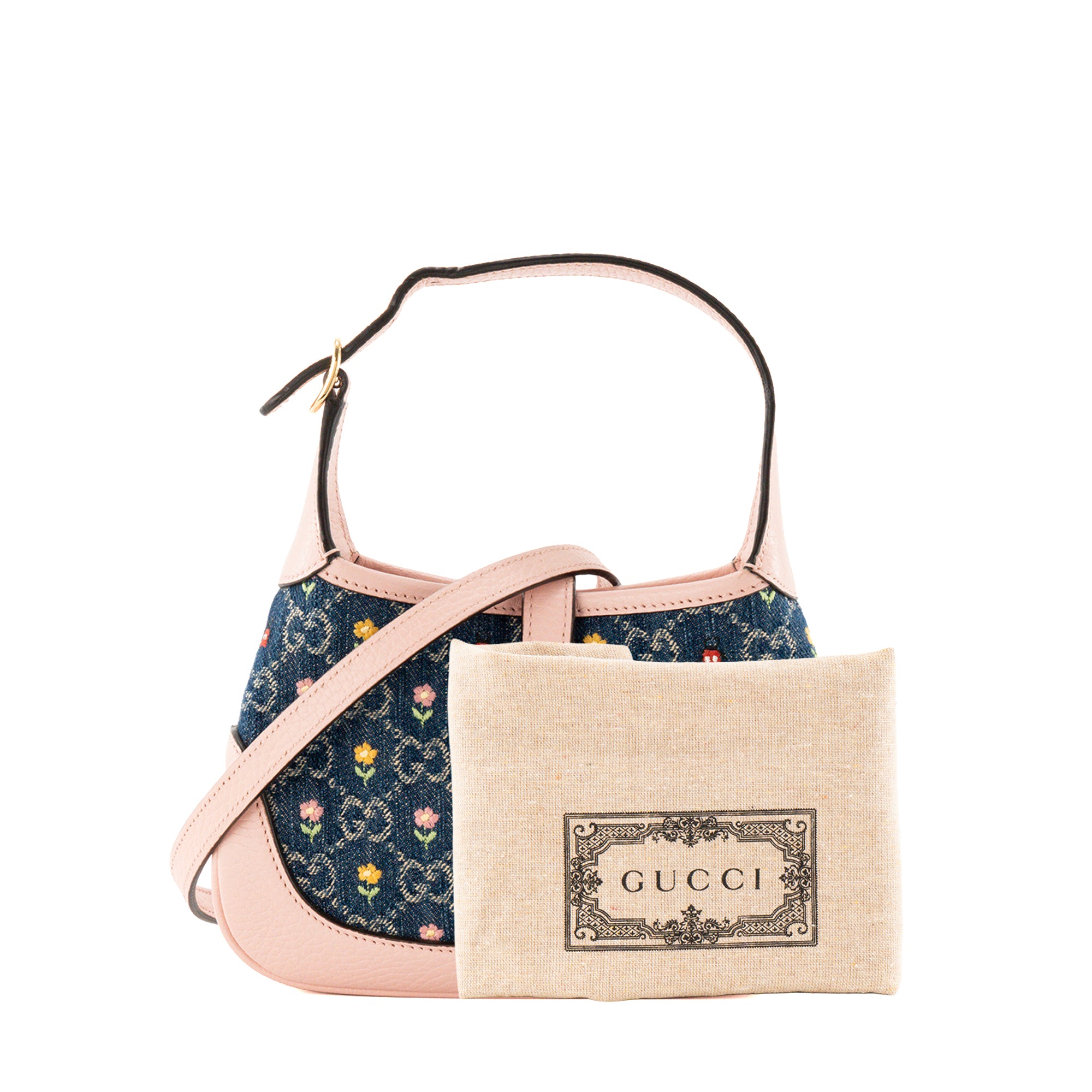 GUCCI - Sac à bandoulière Jackie 1961 Love Parade Gucci en denim monogrammé et cuir grainé rose édition limitée