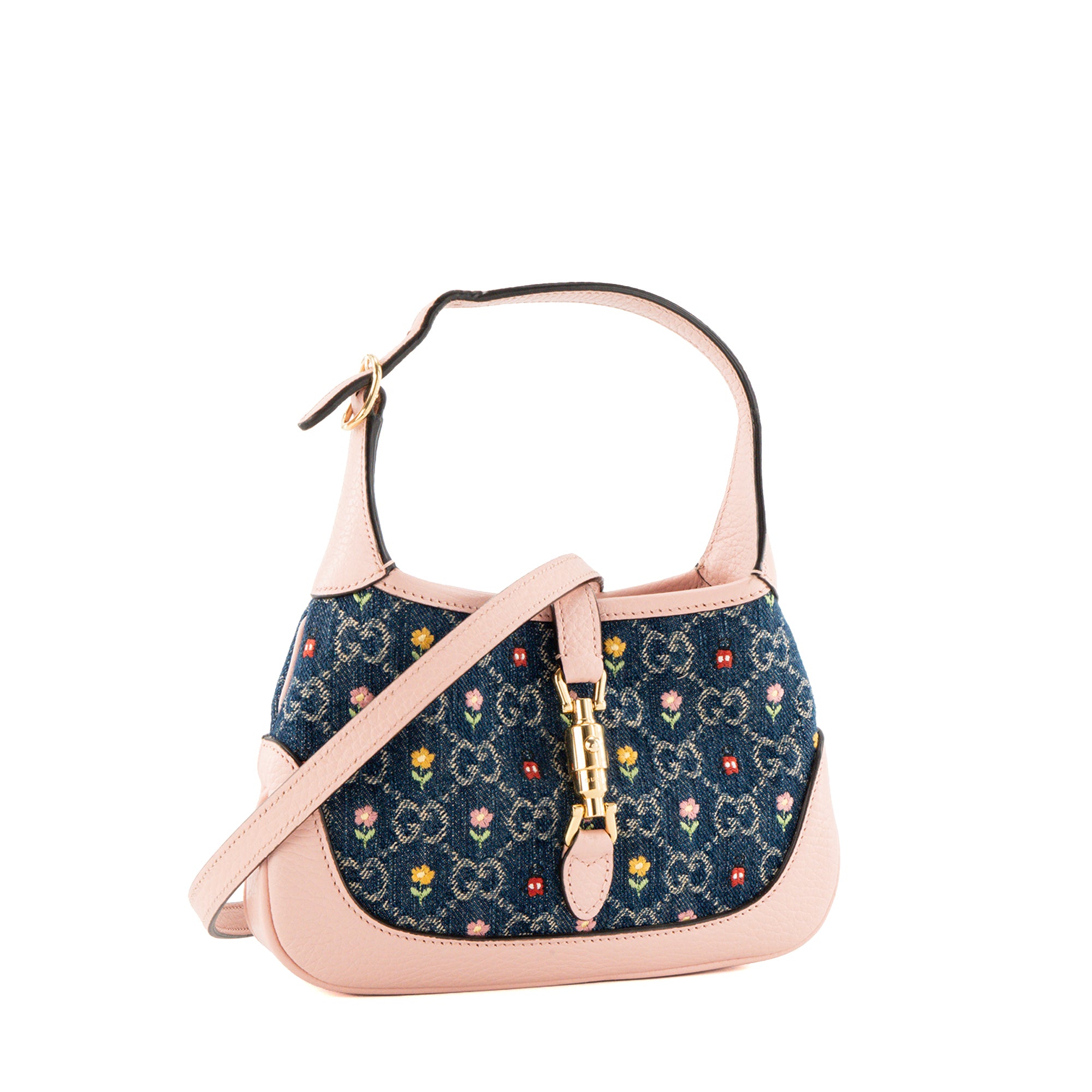 GUCCI - Sac à bandoulière Jackie 1961 Love Parade Gucci en denim monogrammé et cuir grainé rose édition limitée