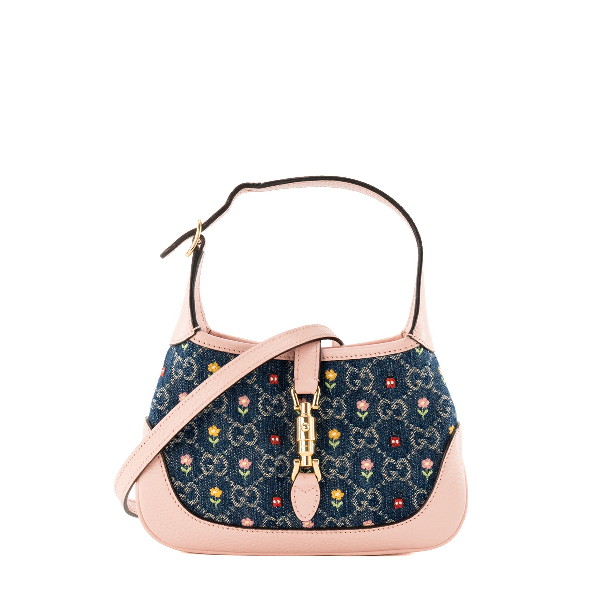 GUCCI - Sac à bandoulière Jackie 1961 Love Parade Gucci en denim monogrammé et cuir grainé rose édition limitée