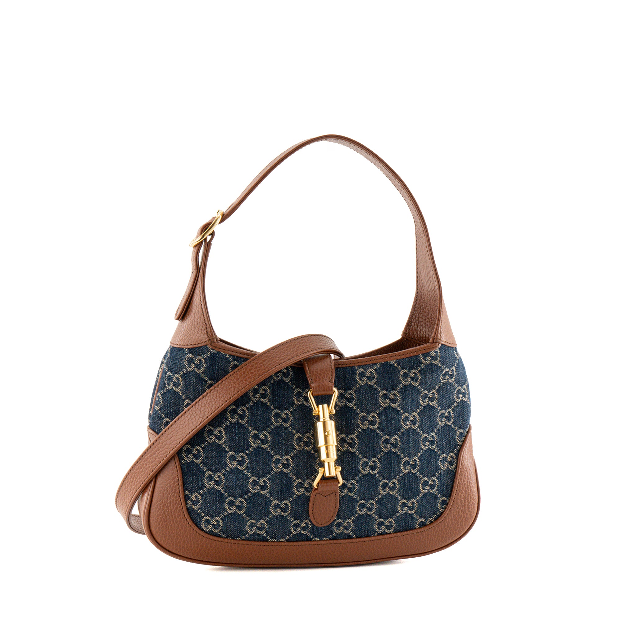 GUCCI - Sac à bandoulière Jackie 1961 Gucci en denim monogrammée bleu et cuir grainé marron