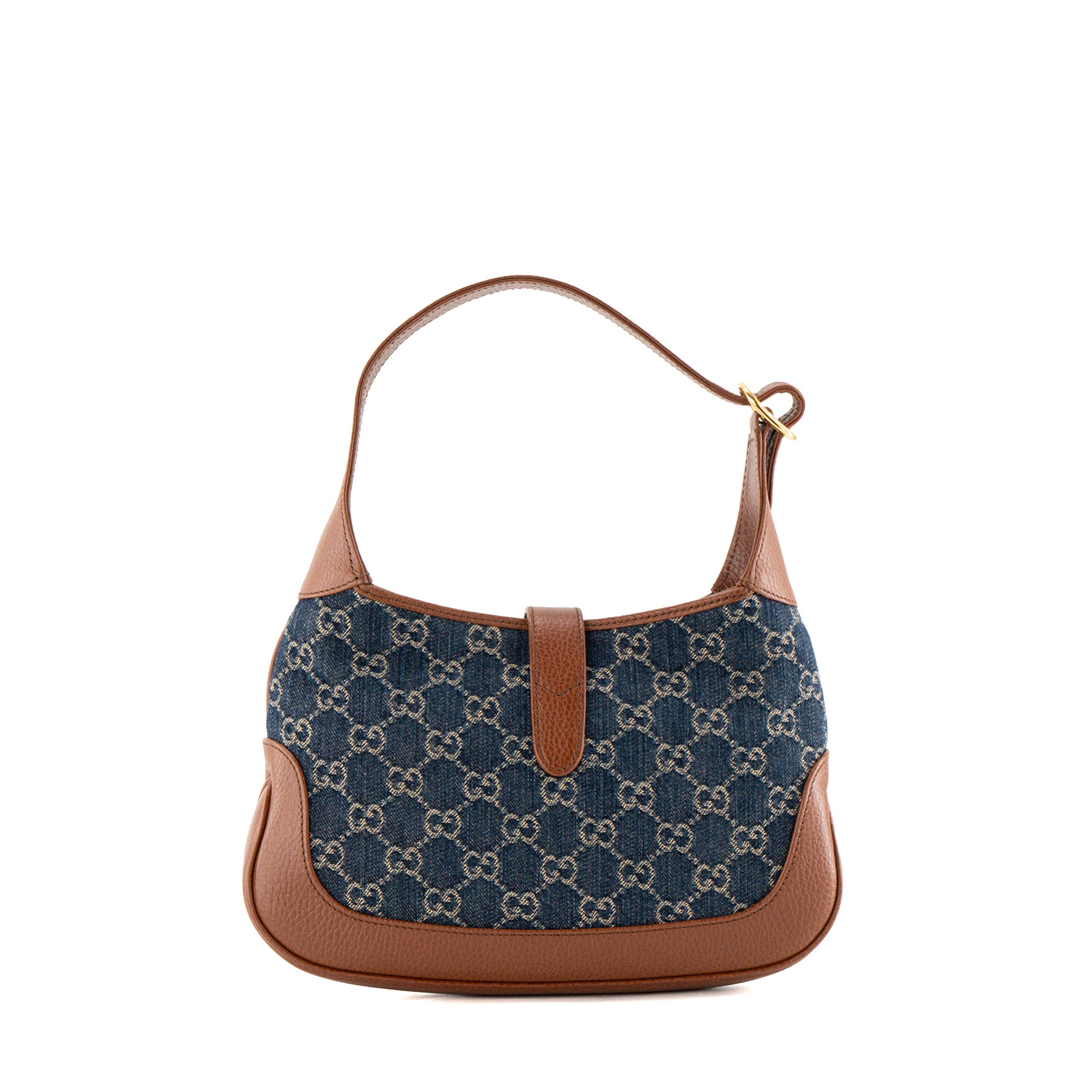 GUCCI - Sac à bandoulière Jackie 1961 Gucci en denim monogrammée bleu et cuir grainé marron