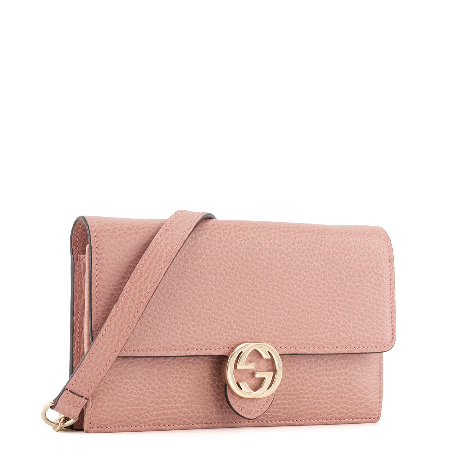 GUCCI - Sac à bandoulière wallet on chain Interlocking Gucci en cuir grainé rose