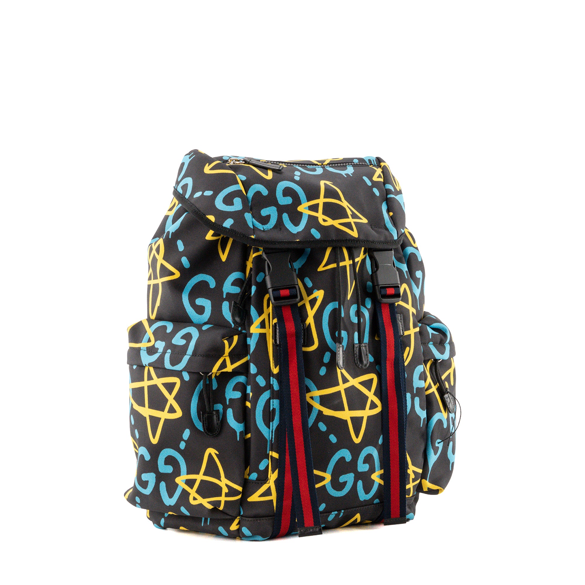 GUCCI - Sac à dos Ghost Gucci en toile noire à motif graffiti bleu et jaune édition limitée
