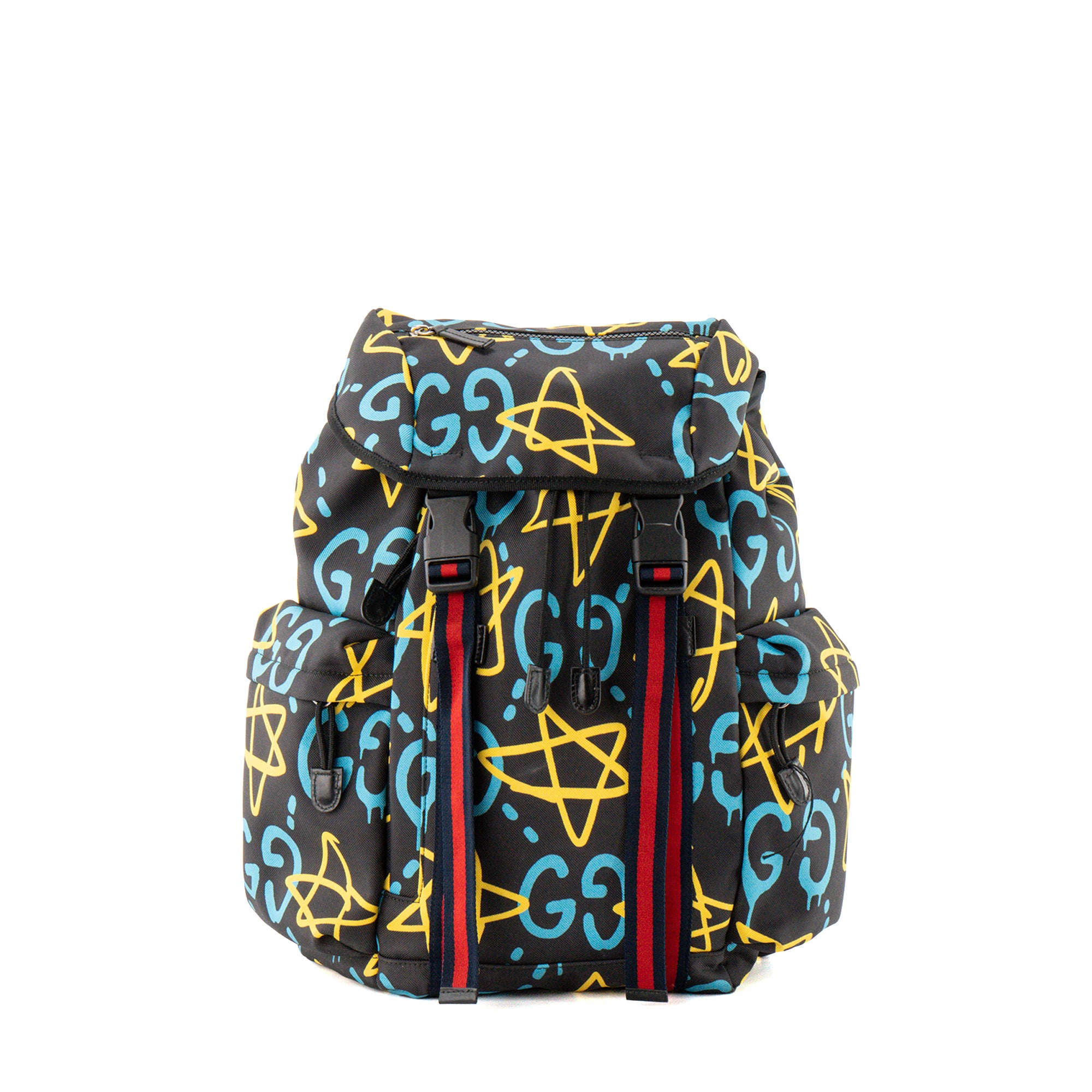 GUCCI - Sac à dos Ghost Gucci en toile noire à motif graffiti bleu et jaune édition limitée