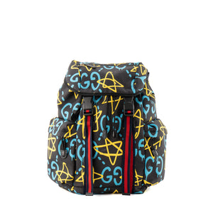 GUCCI - Sac à dos Ghost Gucci en toile noire à motif graffiti bleu et jaune édition limitée