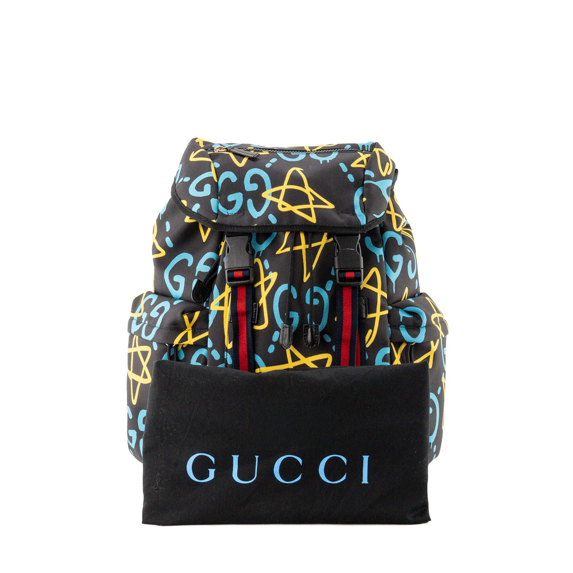 GUCCI - Sac à dos Ghost Gucci en toile noire à motif graffiti bleu et jaune édition limitée