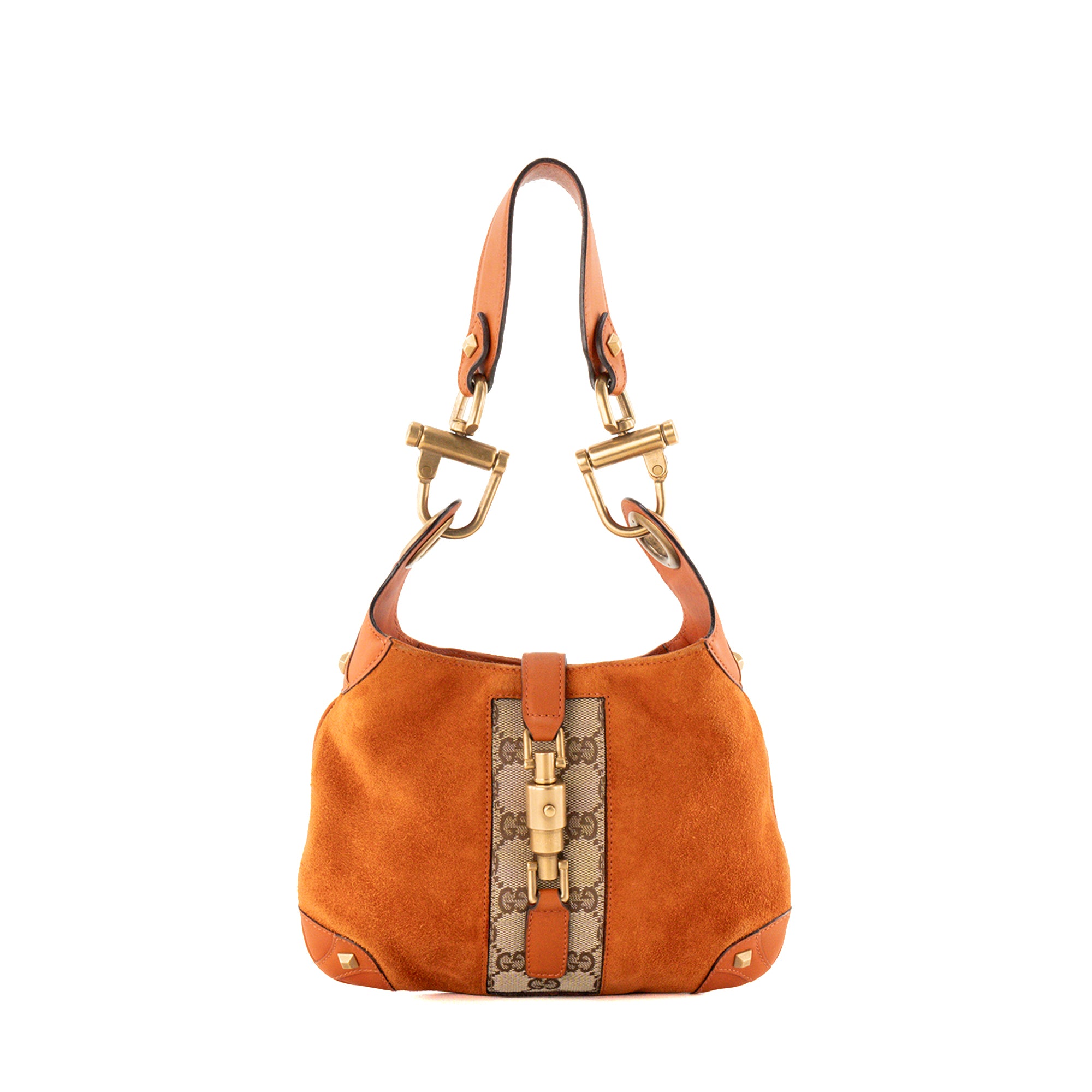 GUCCI - Sac à épaule Jackie Gucci en toile monogrammée marron et daim orange vintage