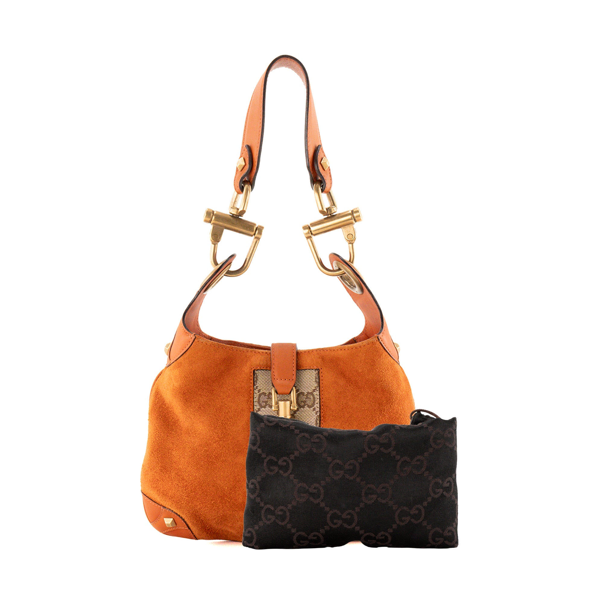 GUCCI - Sac à épaule Jackie Gucci en toile monogrammée marron et daim orange vintage