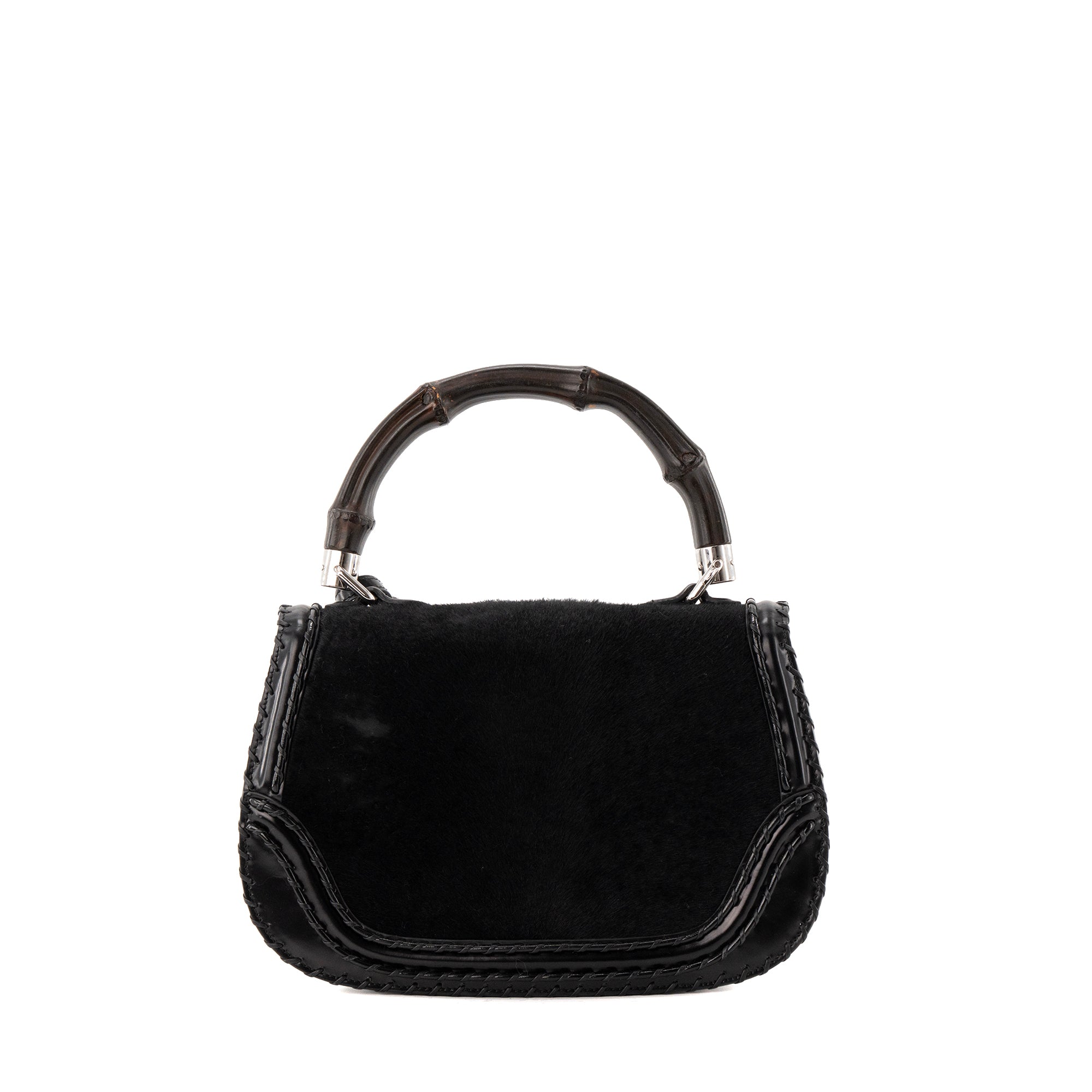 GUCCI - Black leather and fur Bamboo handbag