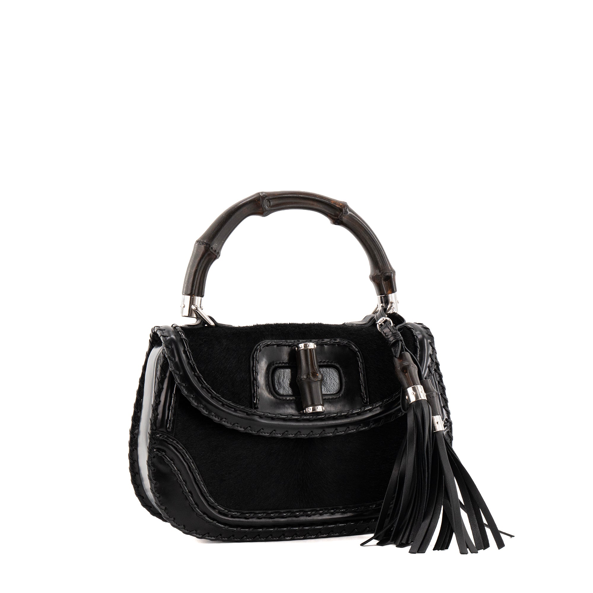 GUCCI - Black leather and fur Bamboo handbag