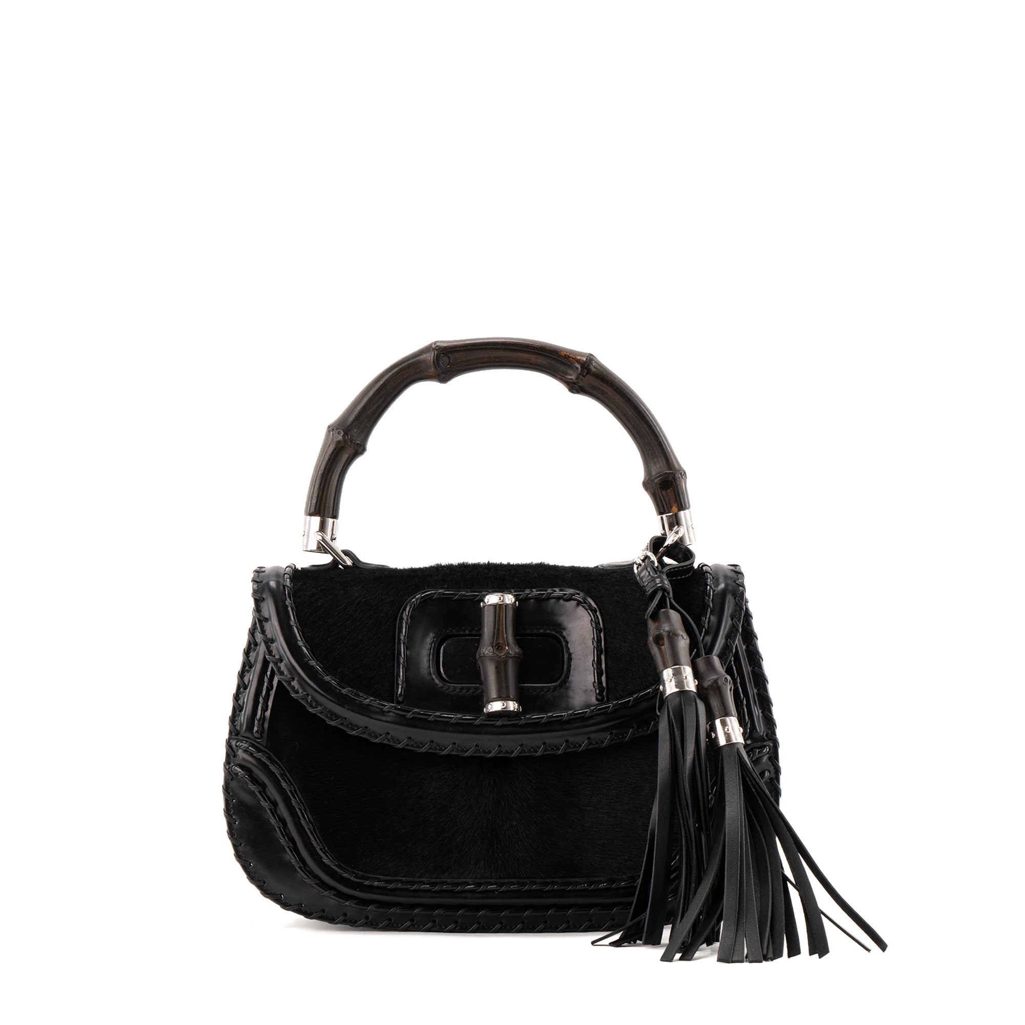 GUCCI - Black leather and fur Bamboo handbag