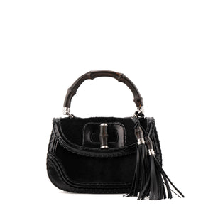 GUCCI - Sac à main Bamboo 1947 Gucci en fourrure et cuir lisse noir