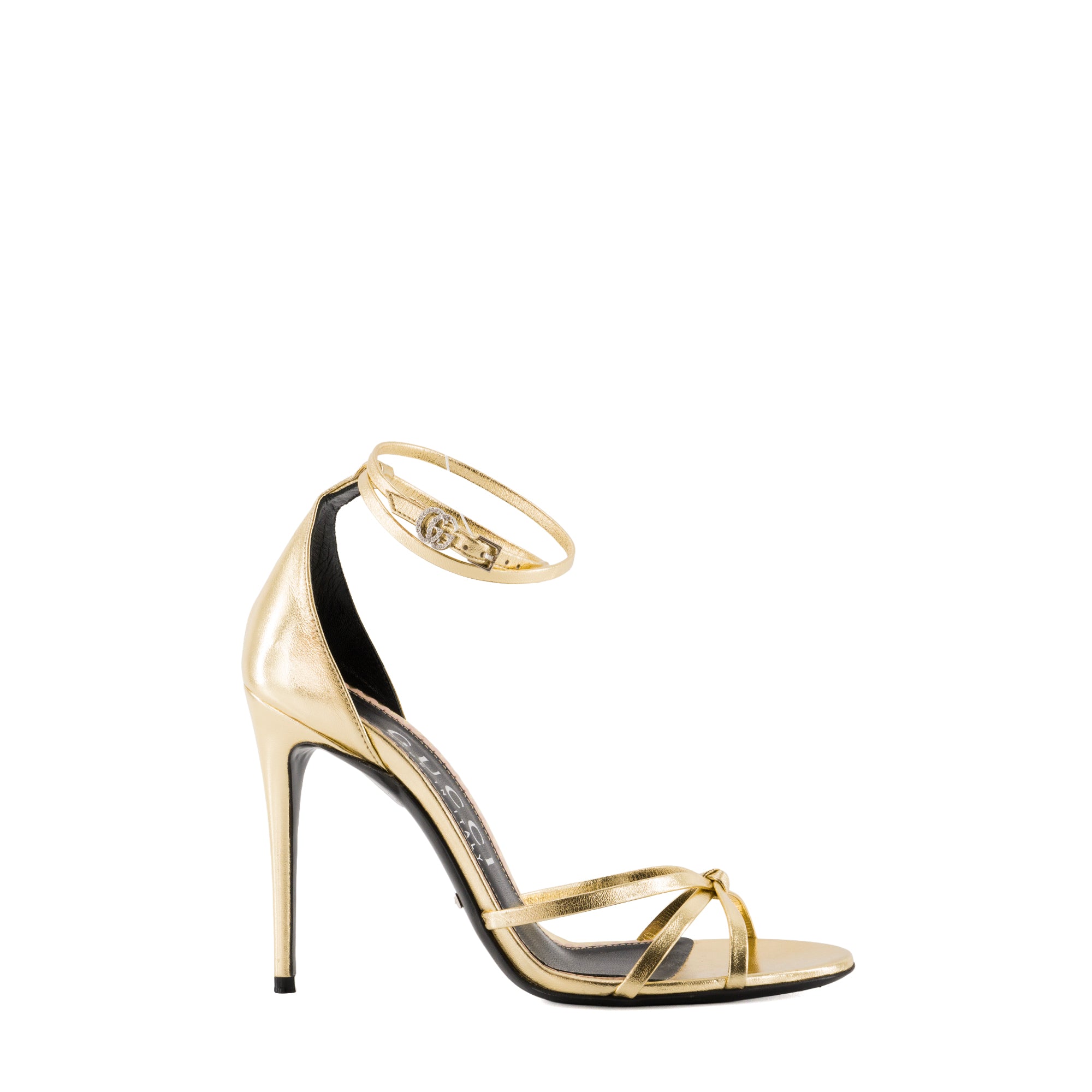 GUCCI - Sandales à talon Gucci en cuir métallisé doré (T38,5)