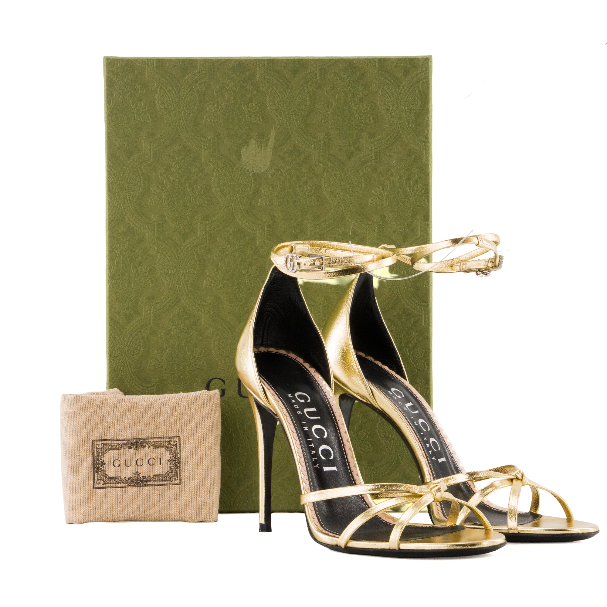 GUCCI - Sandales à talon Gucci en cuir métallisé doré (T38,5)