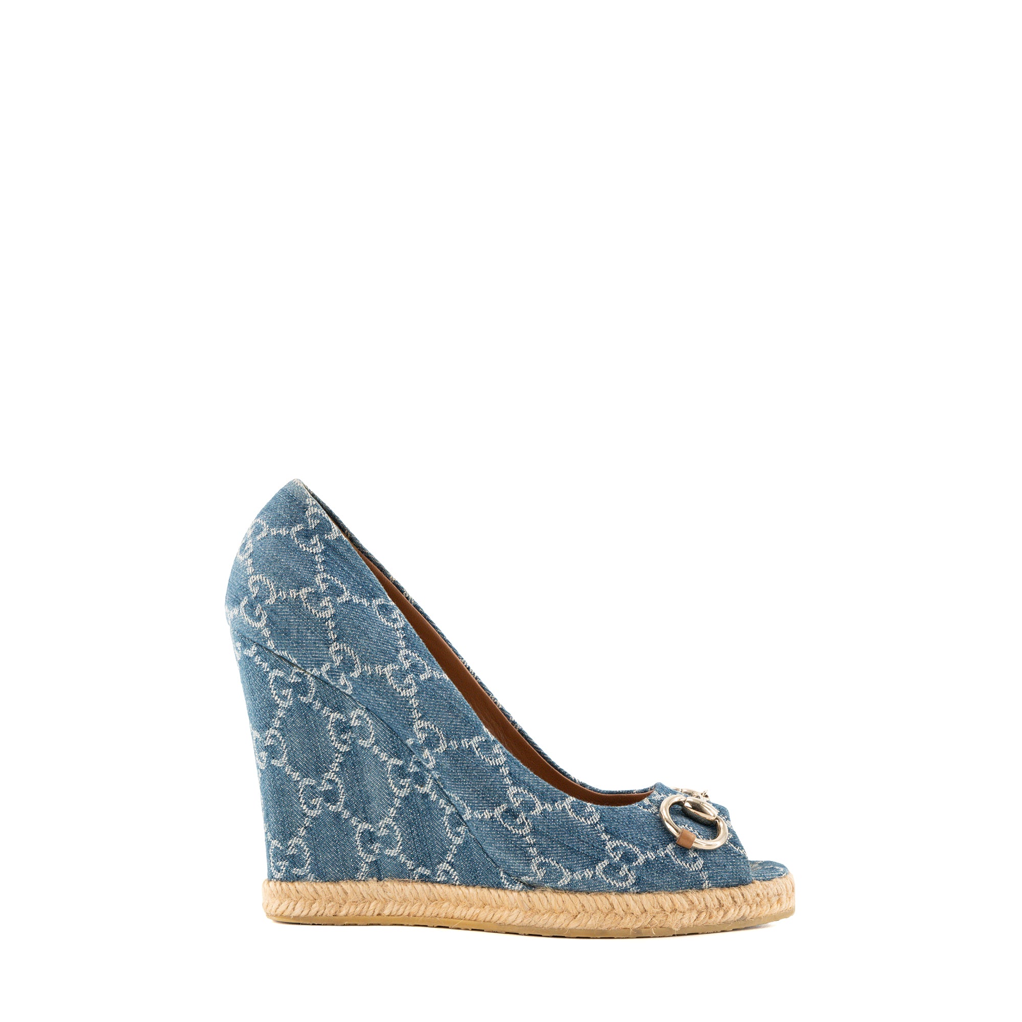 GUCCI - Sandales compensées Gucci en denim monogrammée bleu (T39)