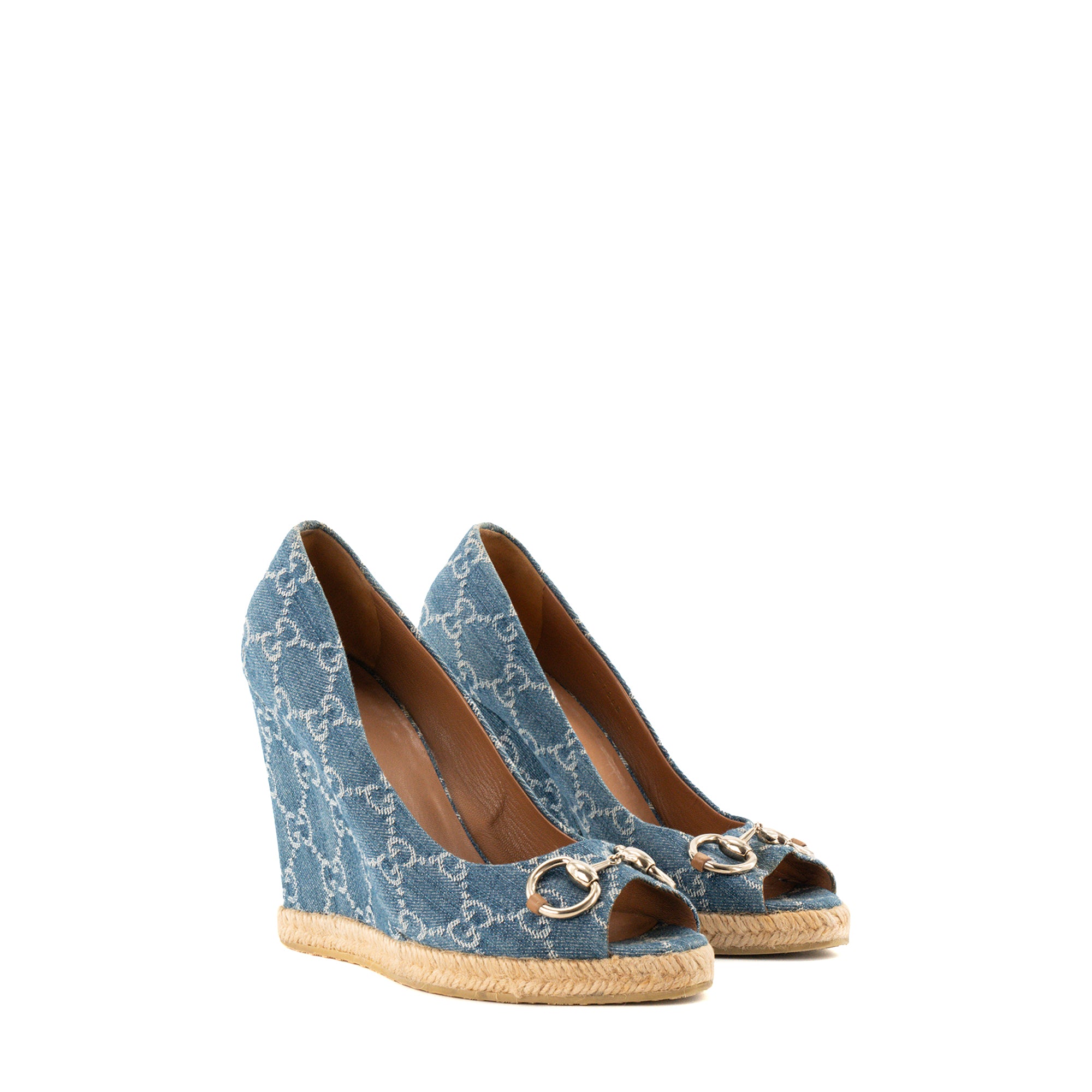 GUCCI - Sandales compensées Gucci en denim monogrammée bleu (T39)