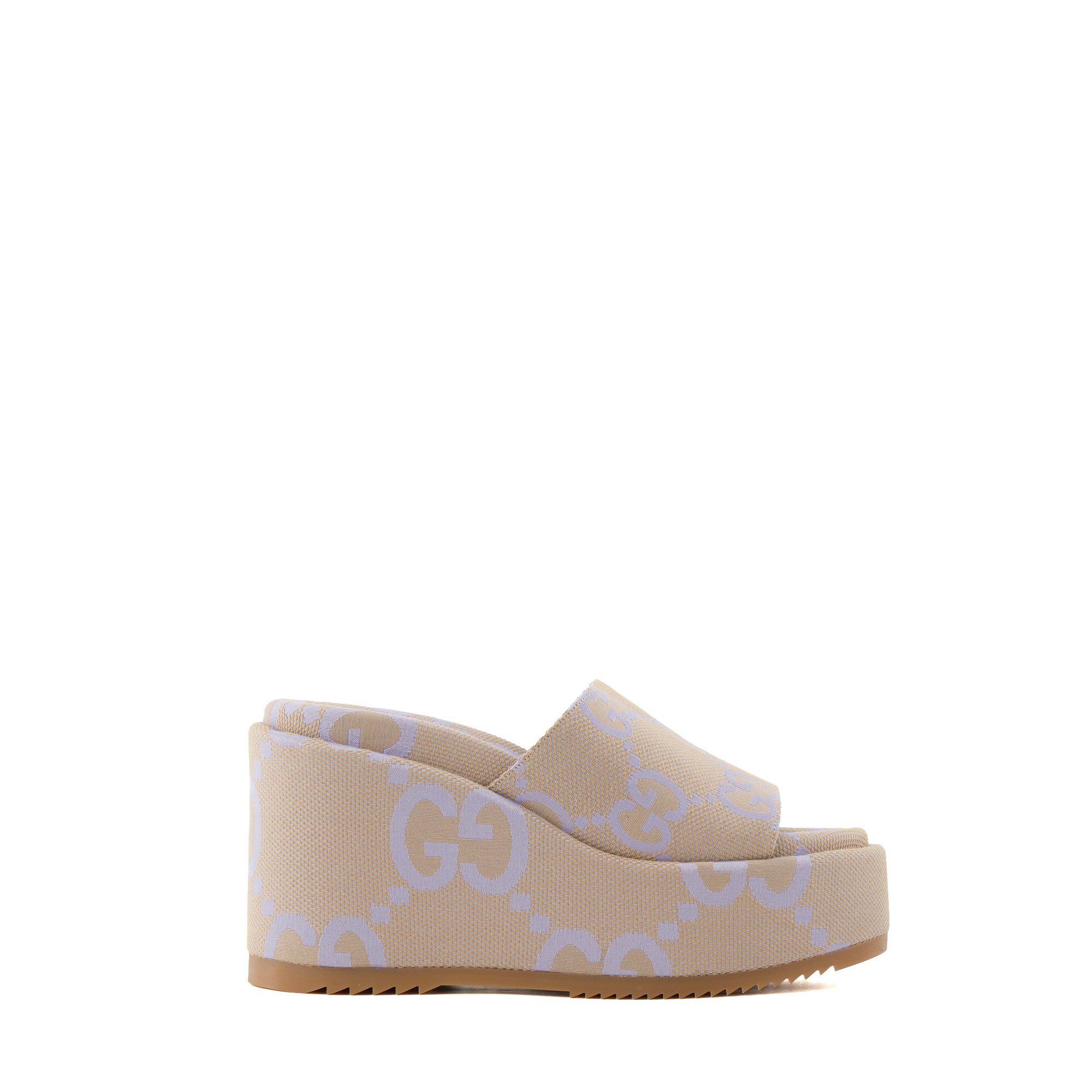 GUCCI - Sandales compensées Gucci en toile GG maxi beige et violette (T39)