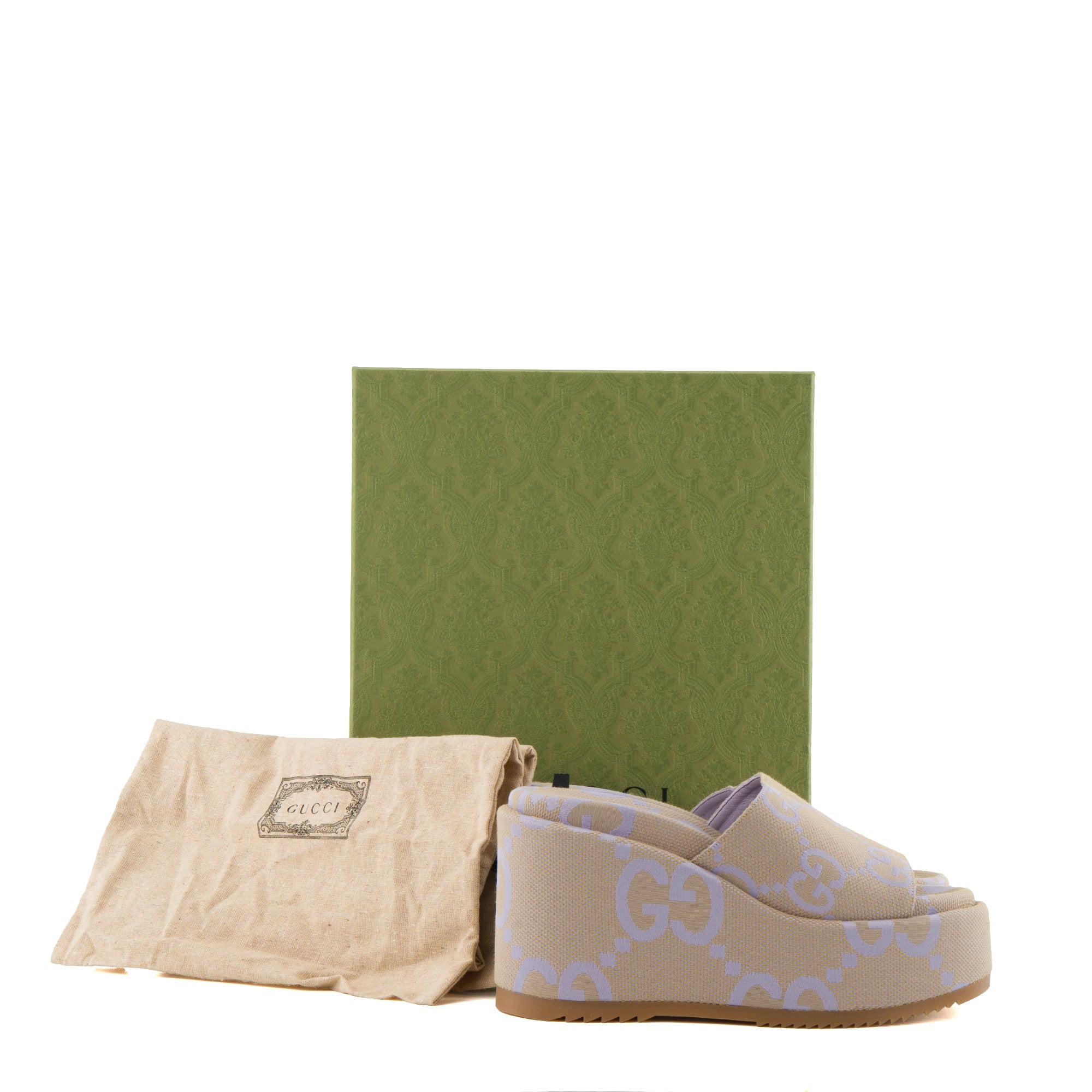 GUCCI - Sandales compensées Gucci en toile GG maxi beige et violette (T39)