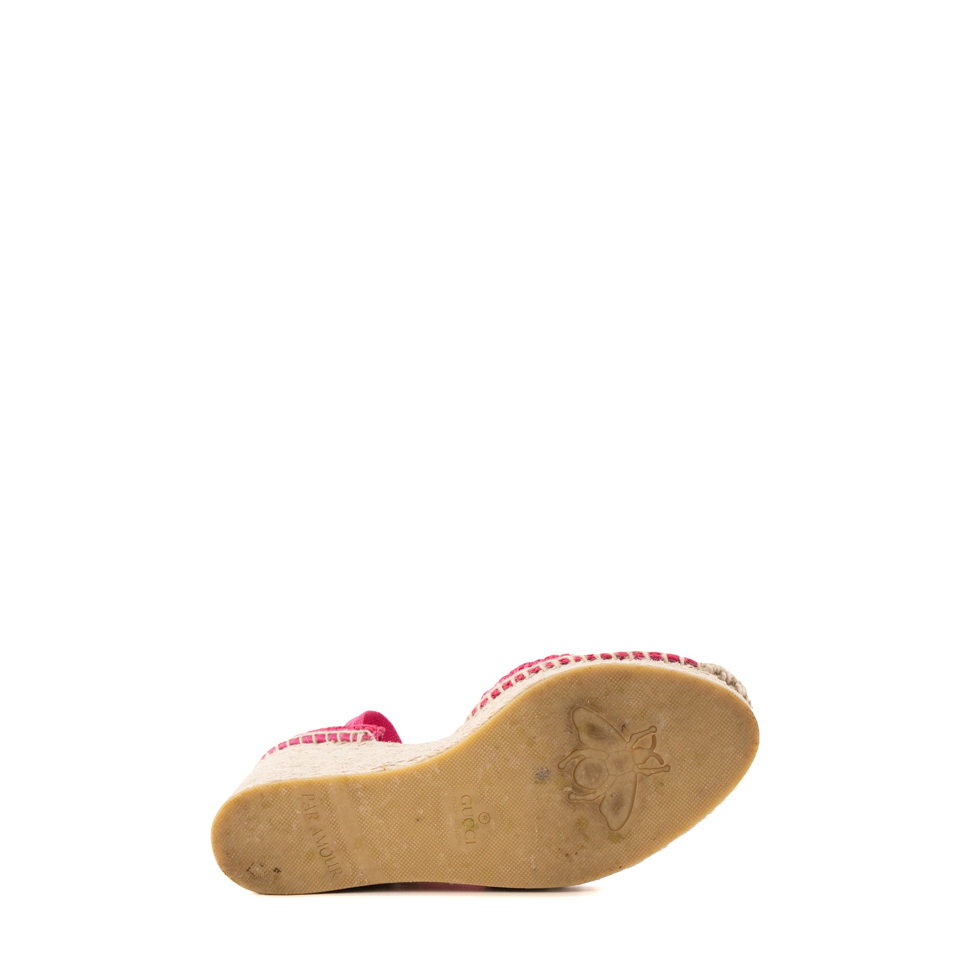 GUCCI - Espadrilles à plateformes GG Gucci en crochet rose et raphia beige (T37)