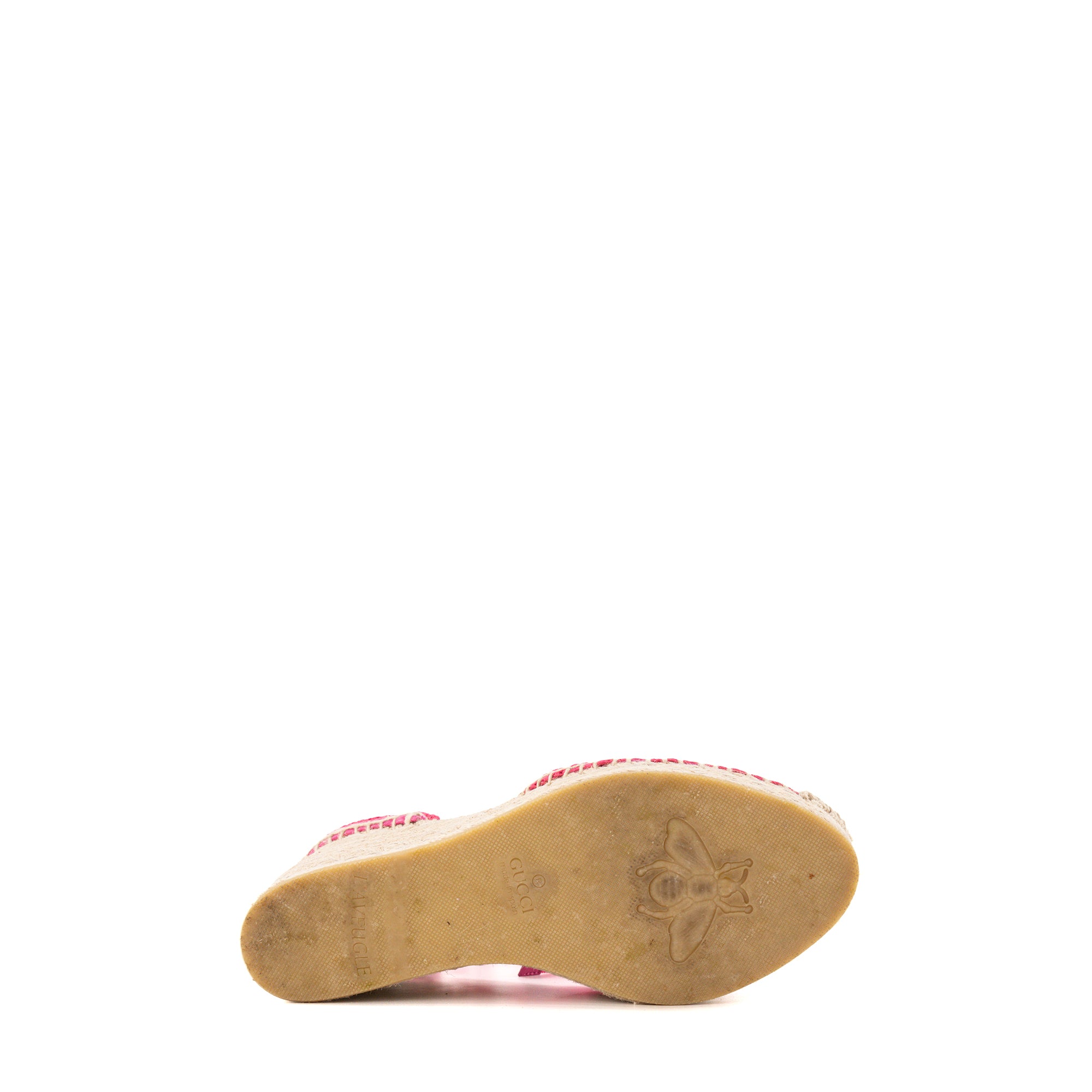 GUCCI - Espadrilles à plateformes GG Gucci en crochet rose et raphia beige (T37)