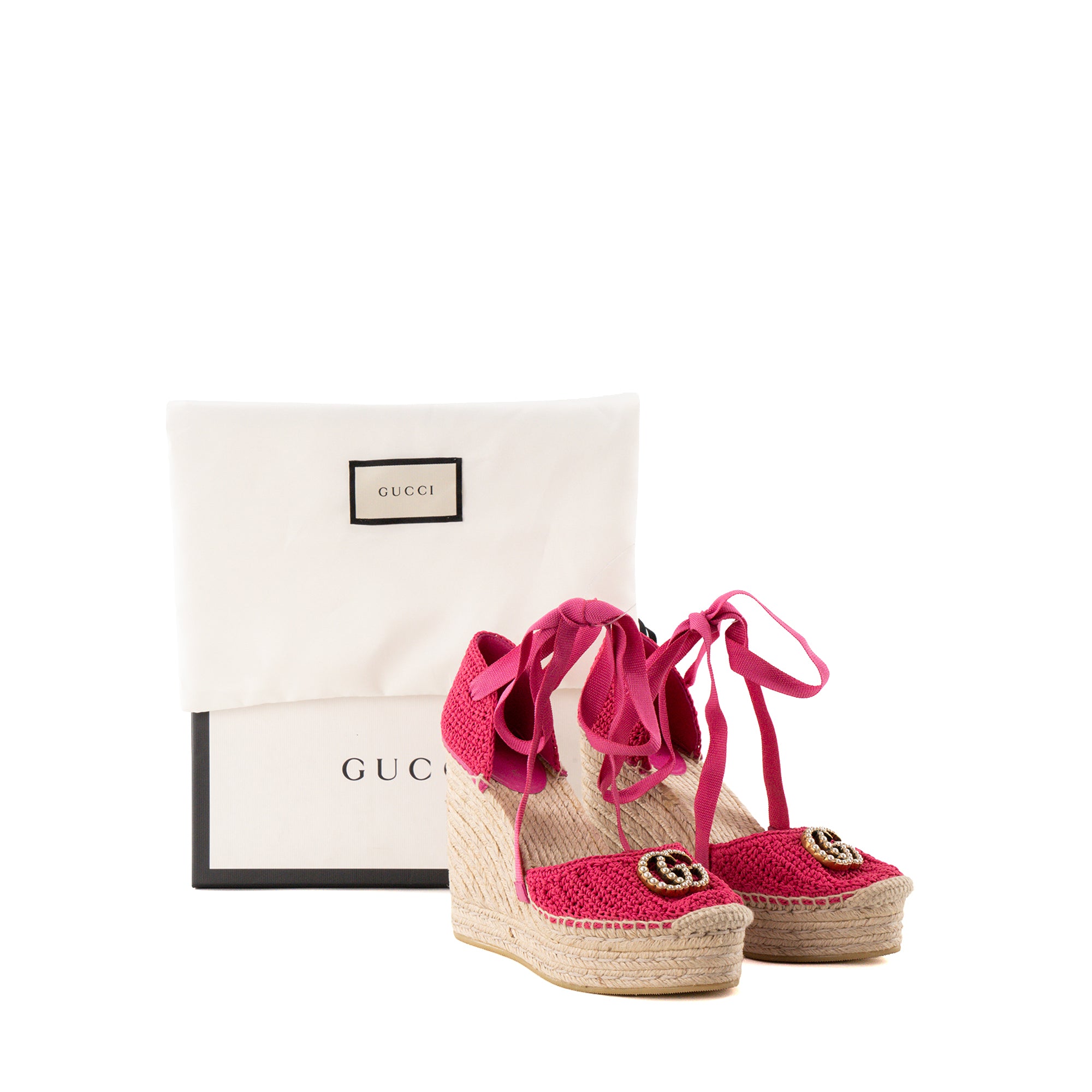 GUCCI - Espadrilles à plateformes GG Gucci en crochet rose et raphia beige (T37)