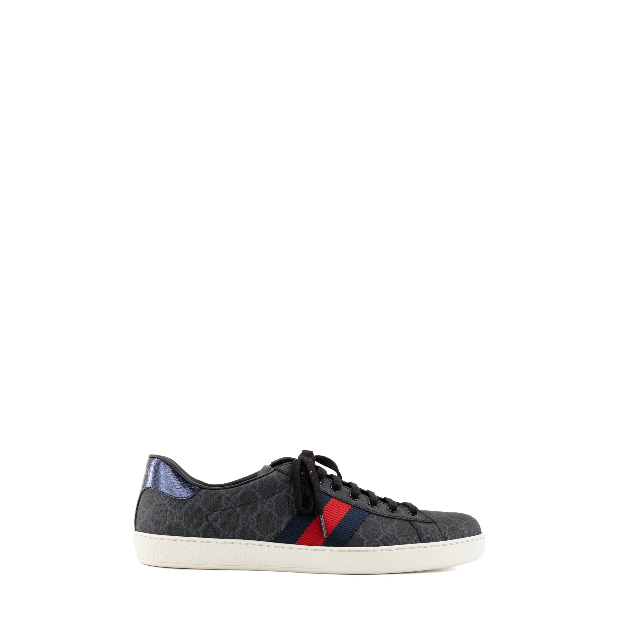 GUCCI - Sneakers Ace Gucci en toile enduite monogrammée noire et grise et bande Web (T45,5)