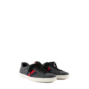 GUCCI - Sneakers Ace Gucci en toile enduite monogrammée noire et grise et bande Web (T45,5)