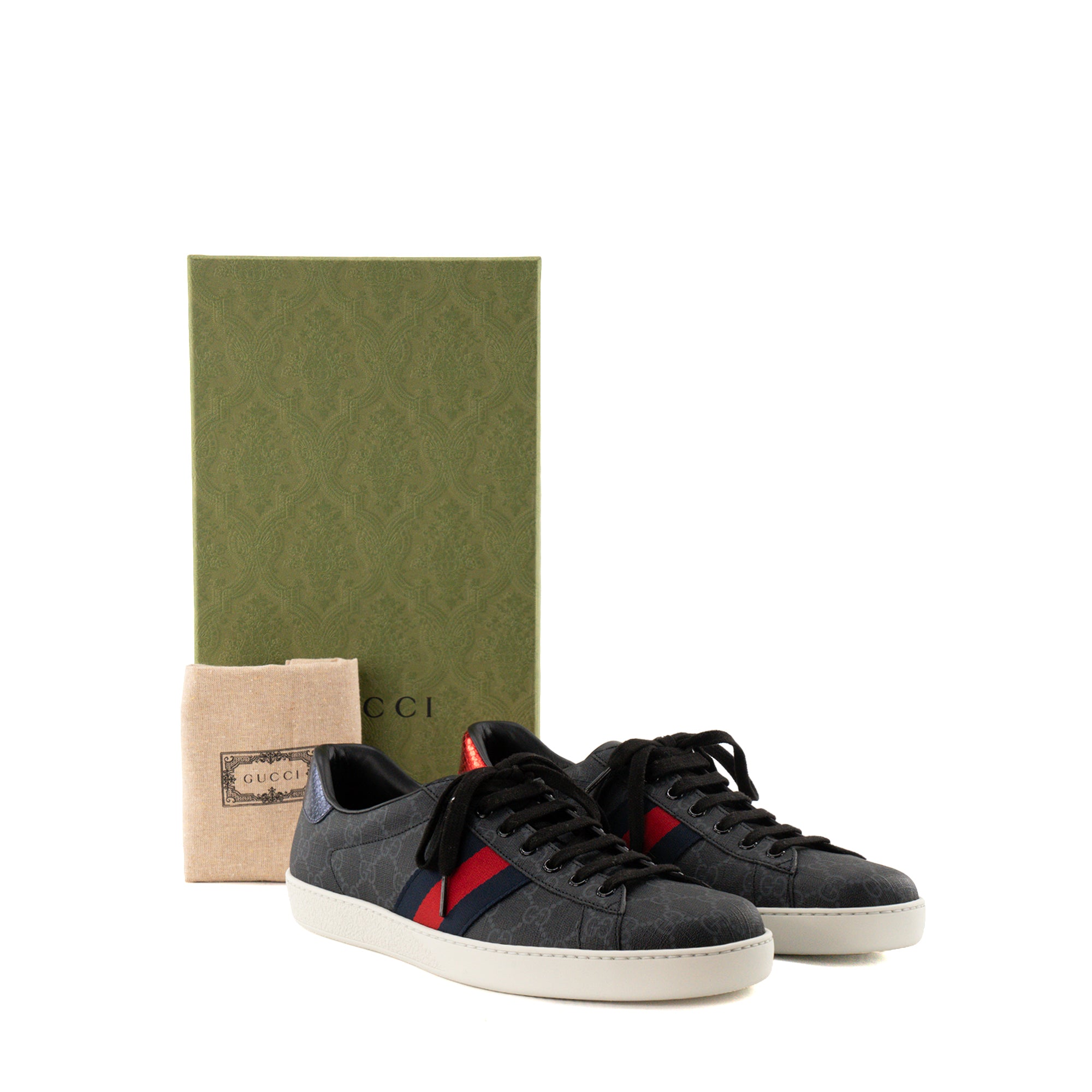 GUCCI - Sneakers Ace Gucci en toile enduite monogrammée noire et grise et bande Web (T45,5)