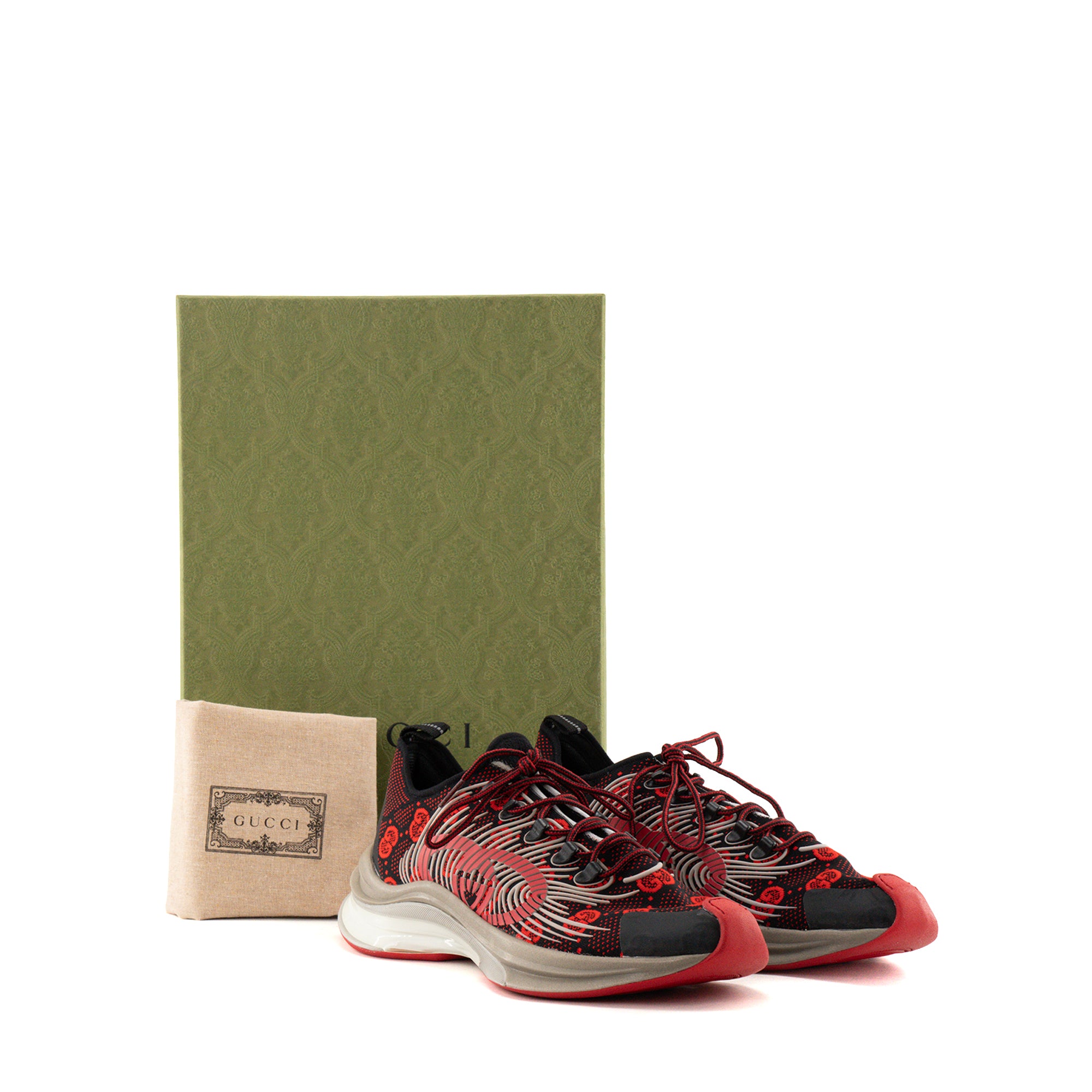 GUCCI - Sneakers Run Gucci en toile monogrammée rouge et noire (T45)