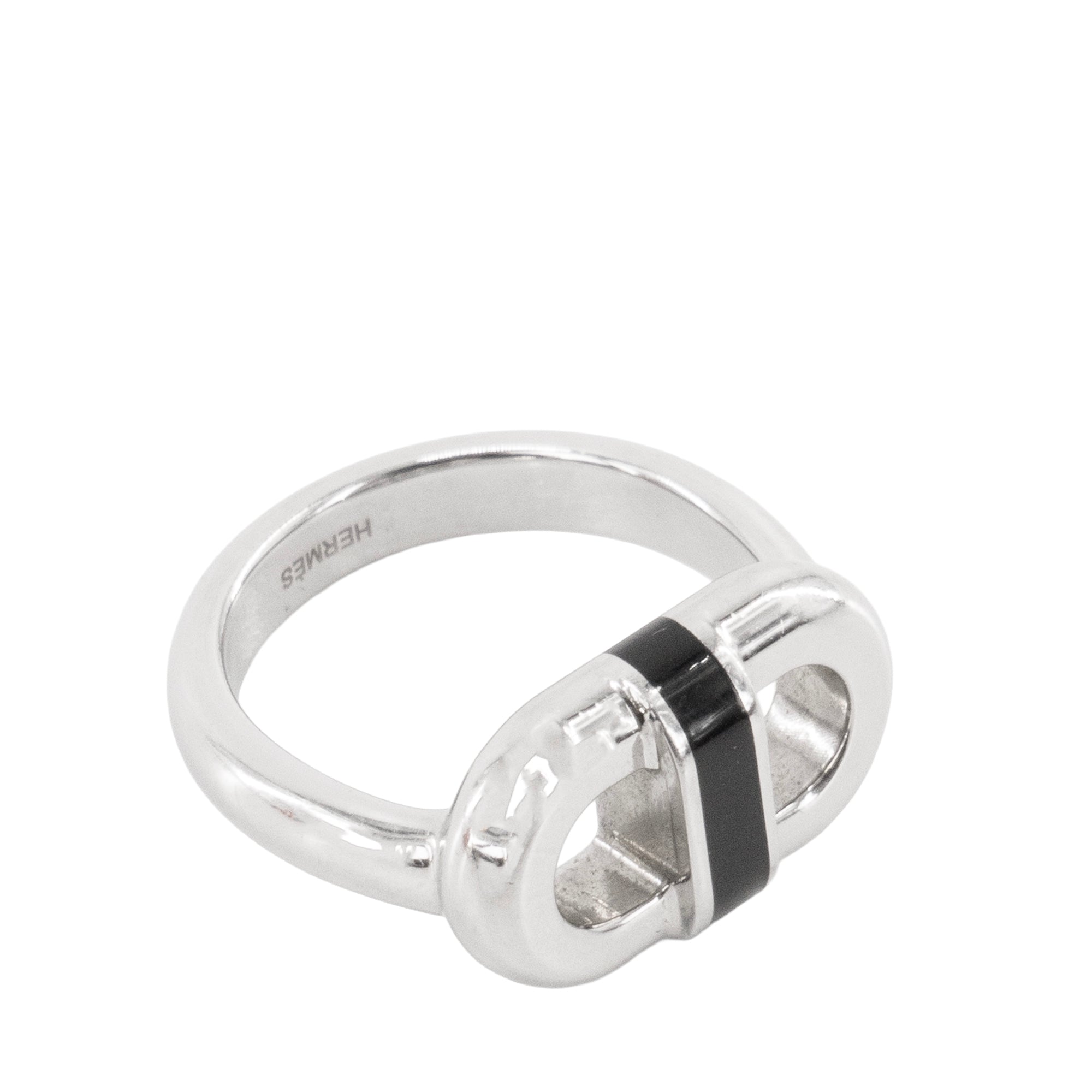 HERMÈS - Bague Maillon Hermès en argent et émail noir (T60)