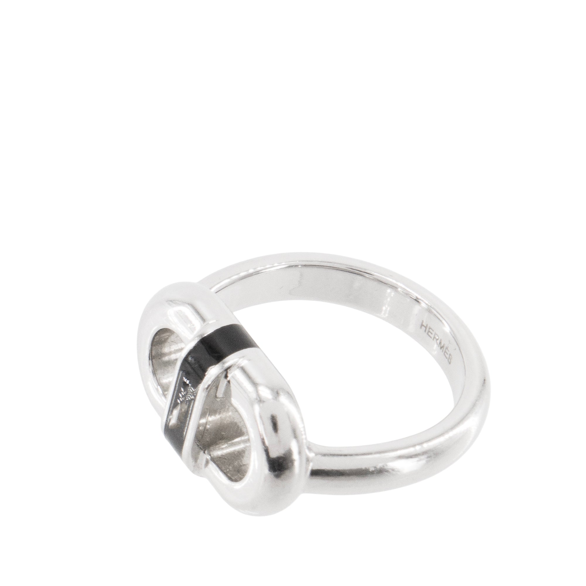 HERMÈS - Bague Maillon Hermès en argent et émail noir (T60)