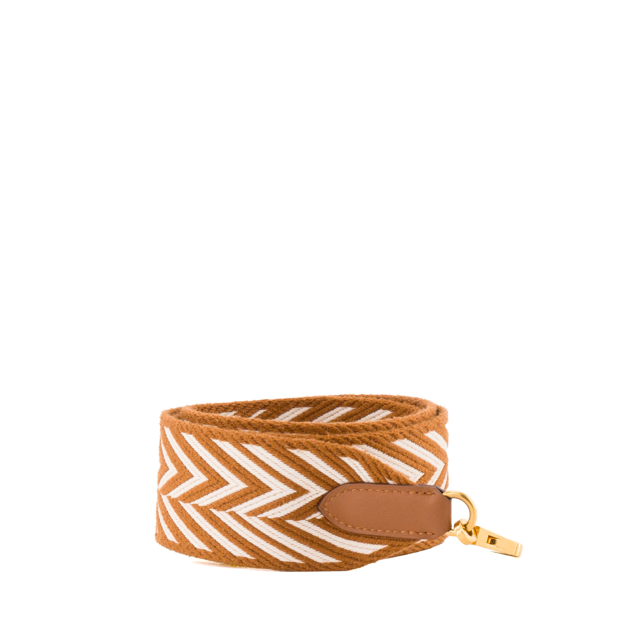 HERMÈS - Bandoulière Sangle Zigzag 50mm Hermès en toile marron gold et blanche