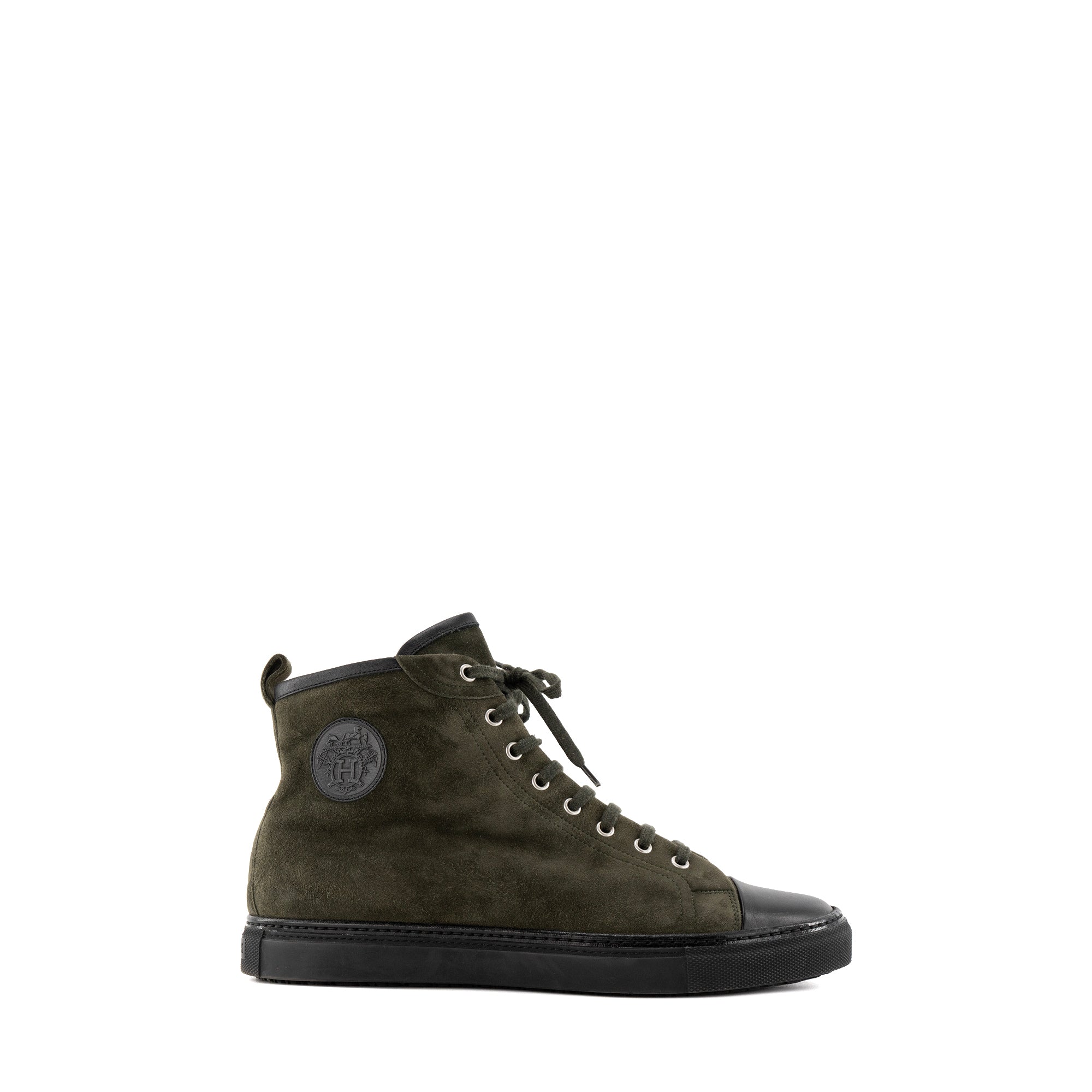 HERMÈS - Baskets montantes Hermès en daim kaki et cuir lisse noir (T43)
