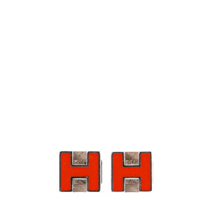 HERMÈS - Boucles d'oreilles Cage d'H Hermès en métal argenté et émail orange