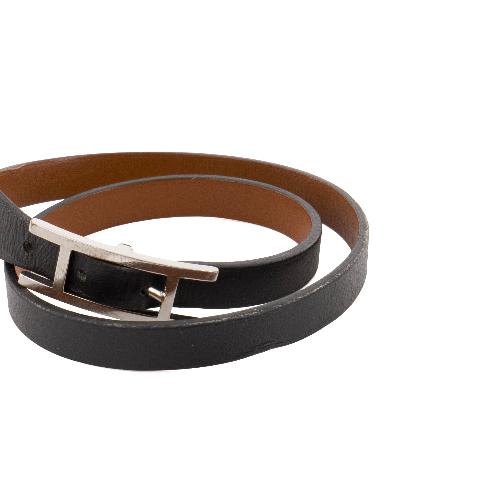 HERMÈS - Bracelet Behapi double tour Hermès en cuir noir