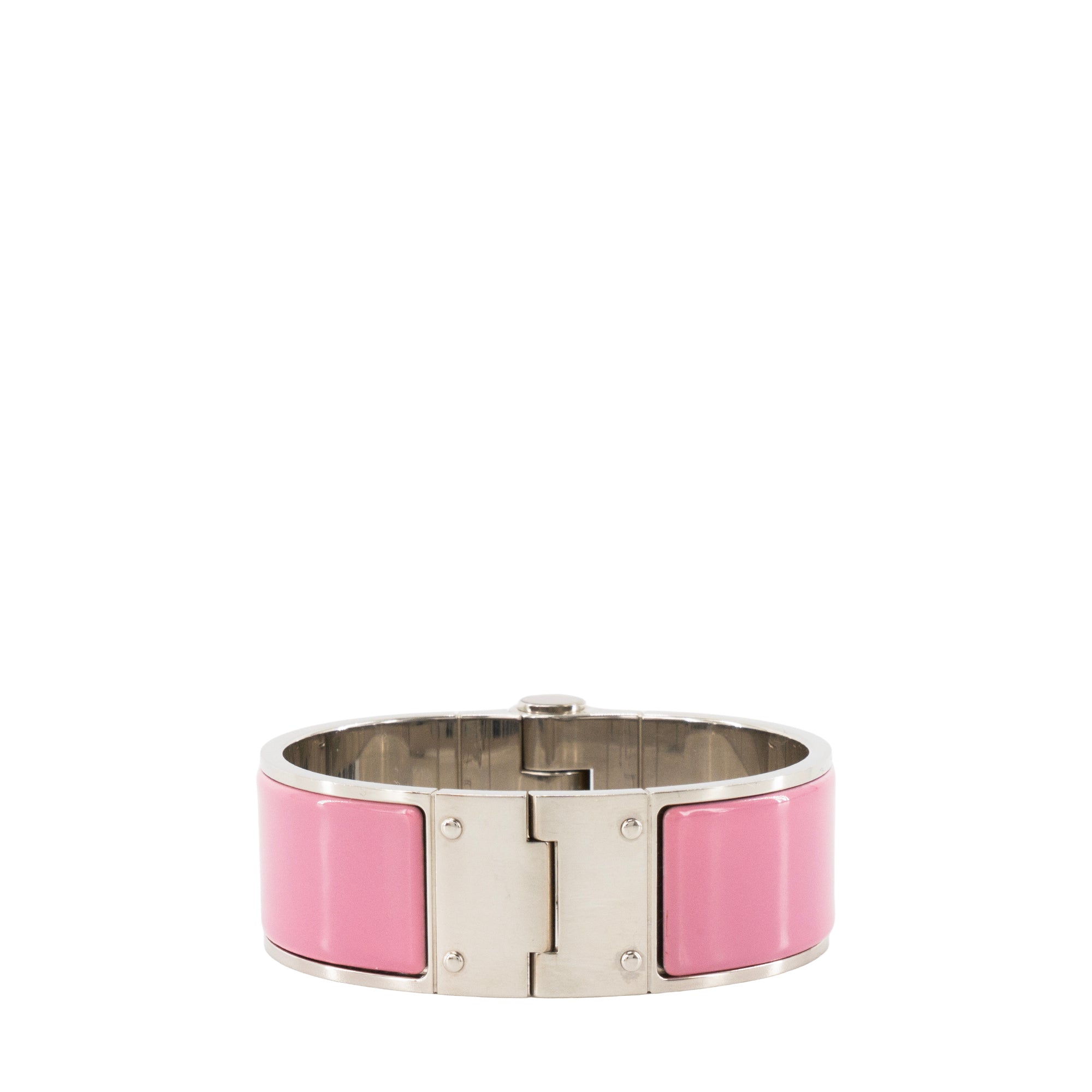 HERMÈS - Bracelet Charnière Large GM Hermès en métal argent et émail rose flamingo