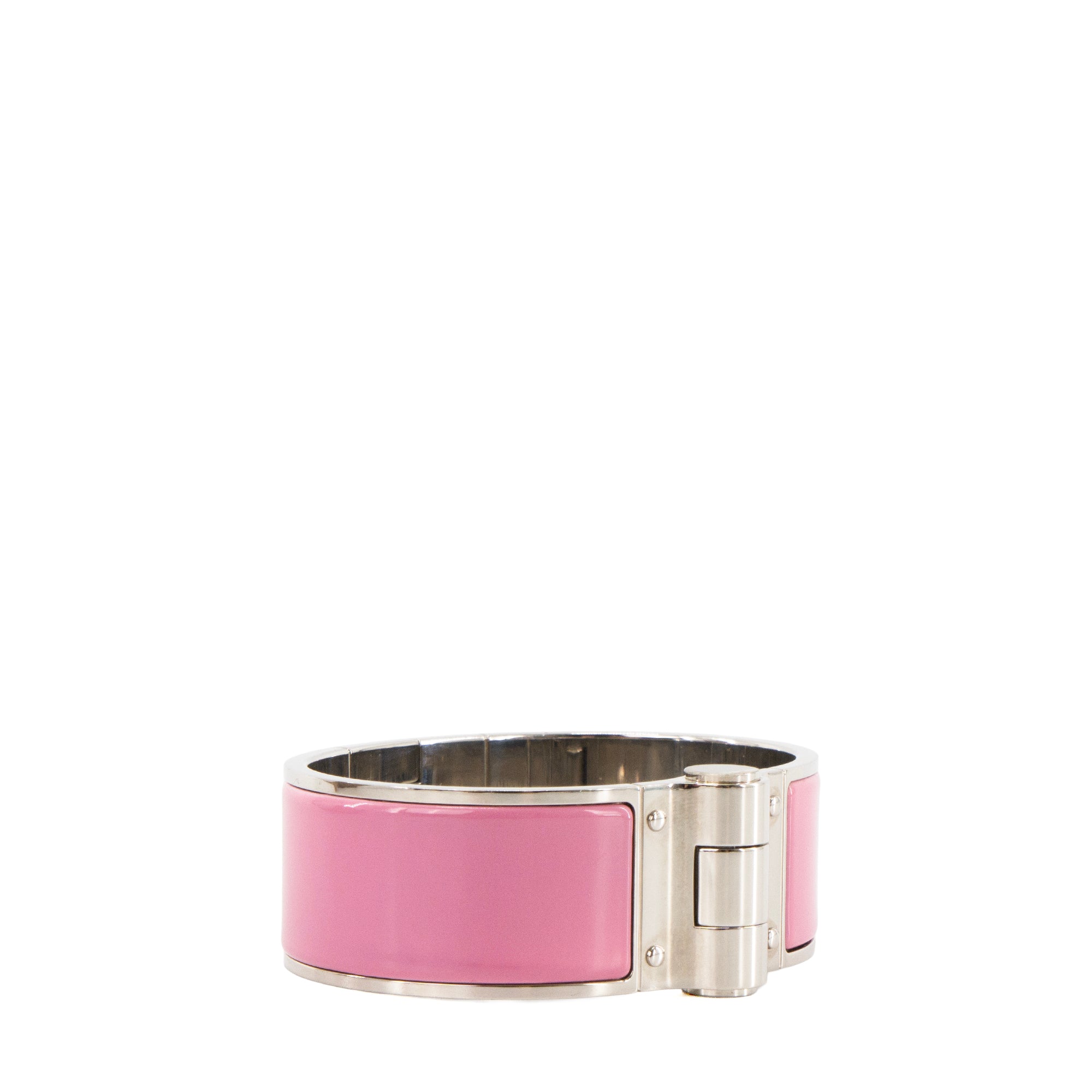 HERMÈS - Bracelet Charnière Large GM Hermès en métal argent et émail rose flamingo
