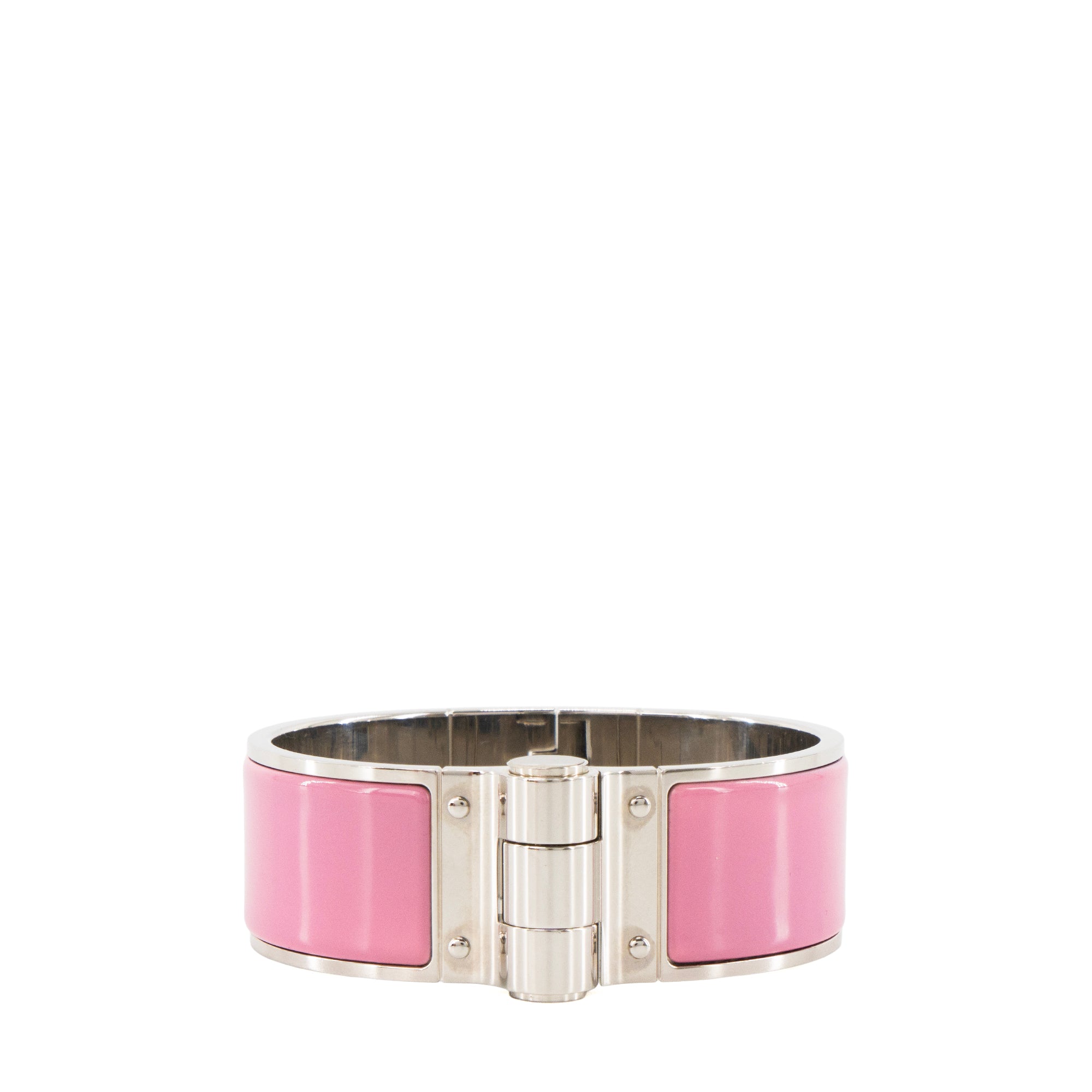 HERMÈS - Bracelet Charnière Large GM Hermès en métal argent et émail rose flamingo