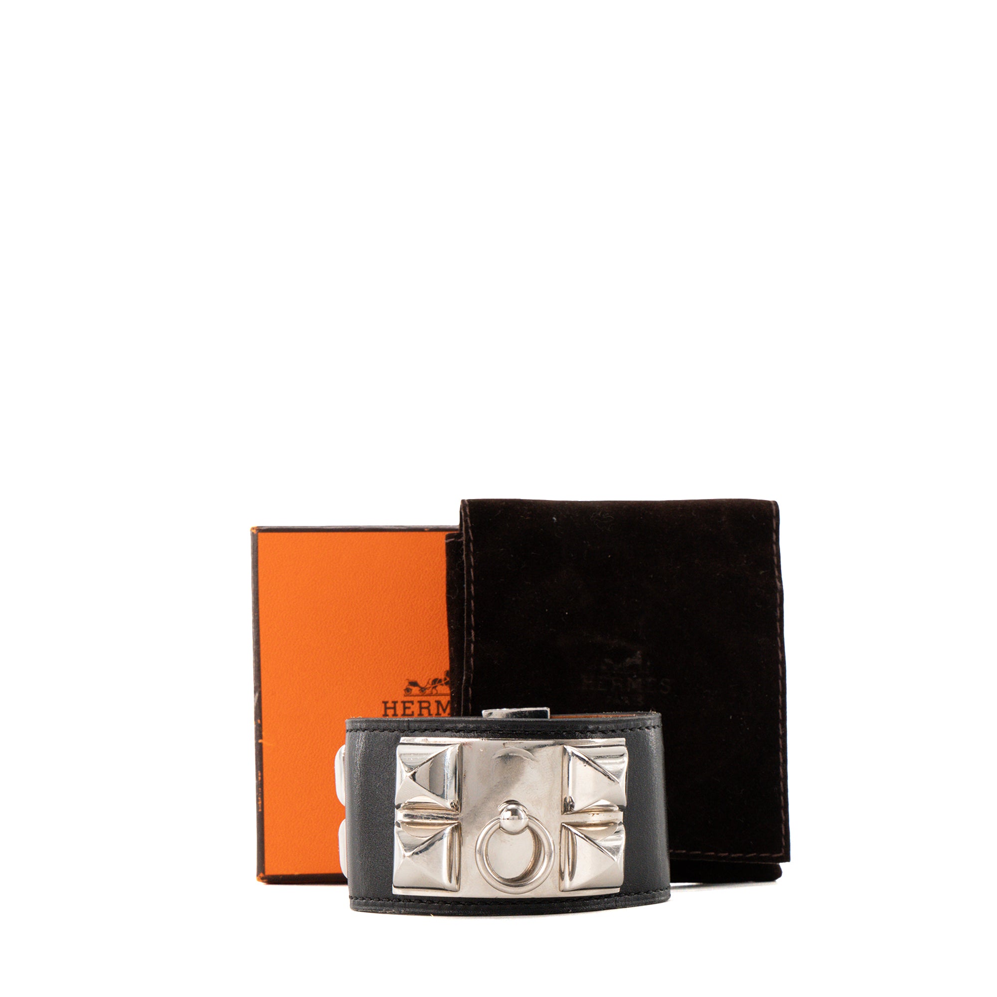 HERMÈS - Bracelet Collier de Chien Hermès en cuir lisse noir (S)
