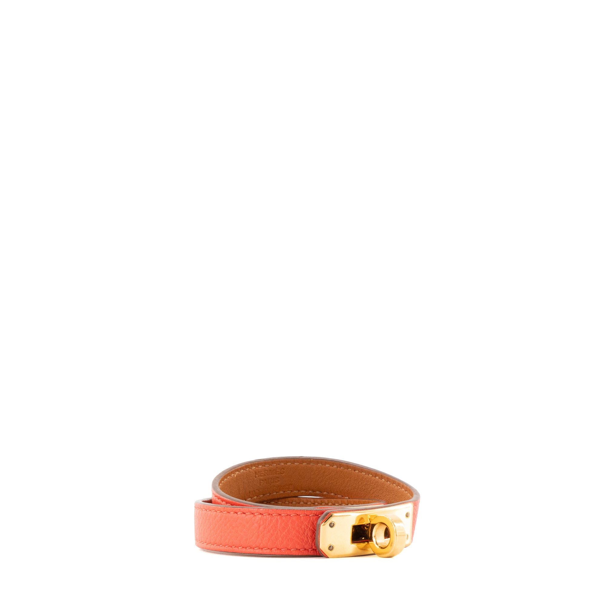 HERMÈS - Bracelet Double Tour Kelly Hermès en cuir grainé orange (T2)