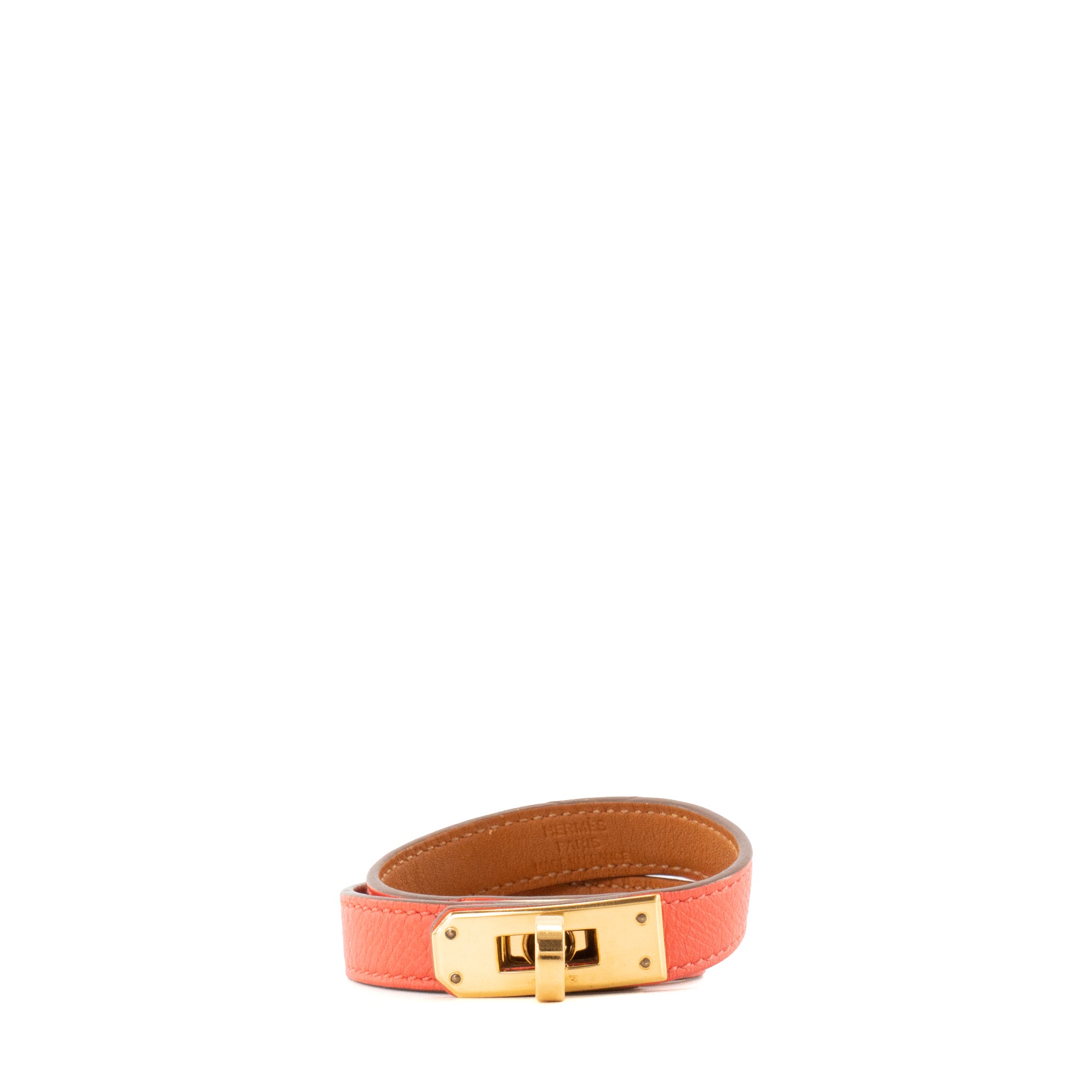 HERMÈS - Bracelet Double Tour Kelly Hermès en cuir grainé orange (T2)