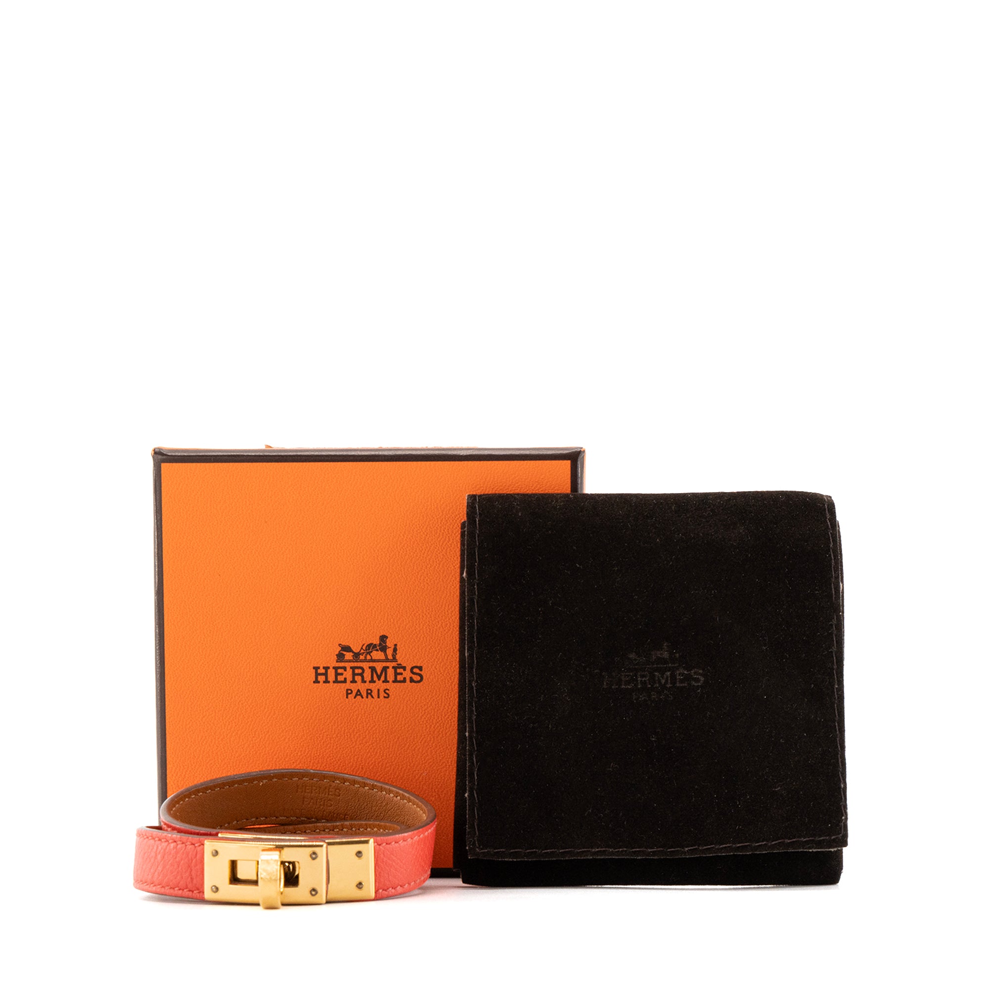 HERMÈS - Bracelet Double Tour Kelly Hermès en cuir grainé orange (T2)
