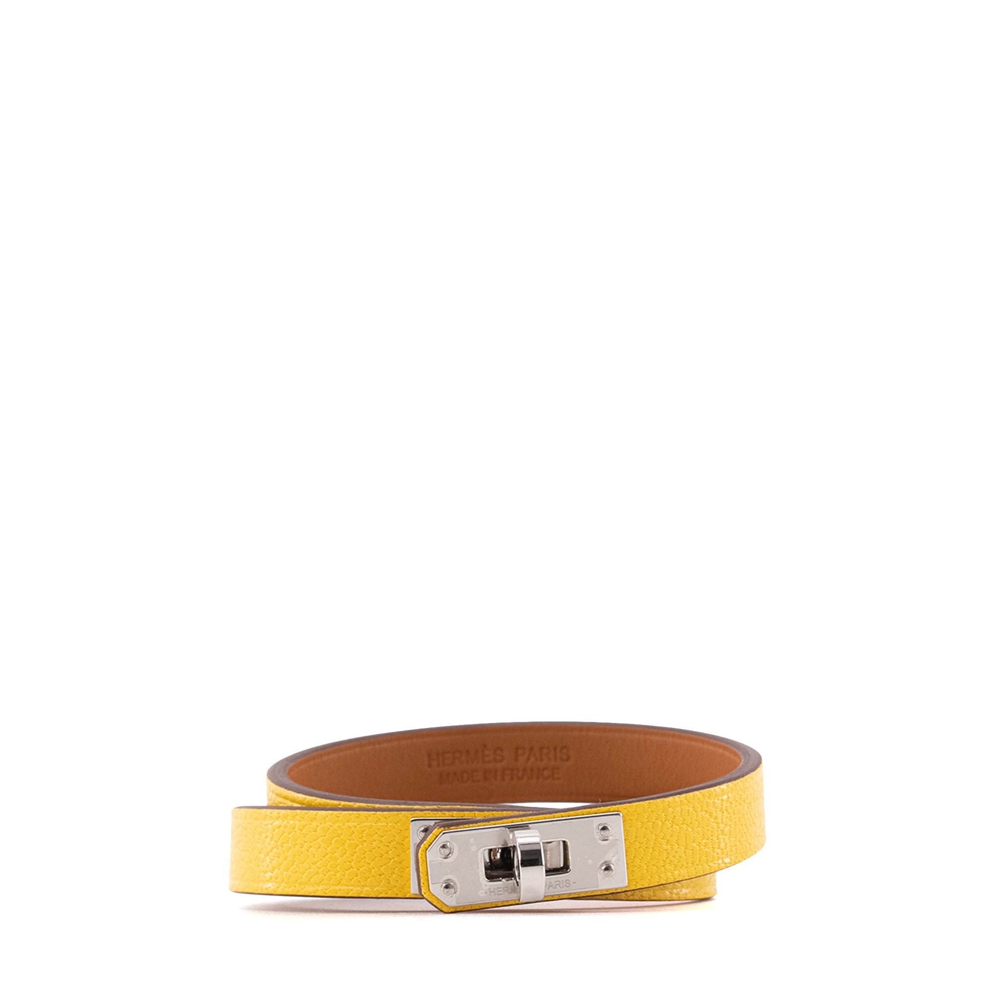 HERMÈS - Bracelet double tour Mini Kelly Hermès en cuir jaune (T1)