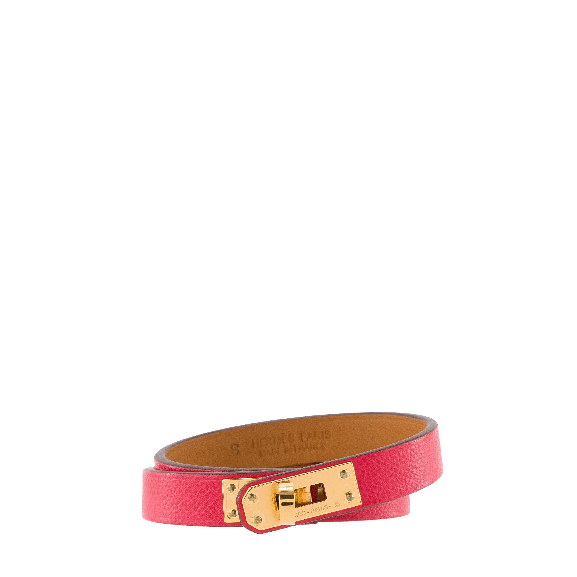 HERMÈS - Bracelet double tour Mini Kelly Hermès en cuir swift rose (T1)