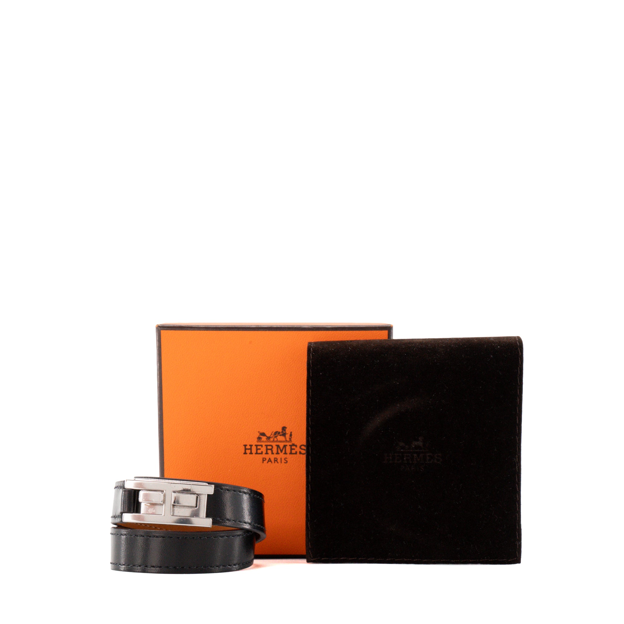 HERMÈS - Bracelet Drag double tour Hermès en cuir lisse noir (T2)