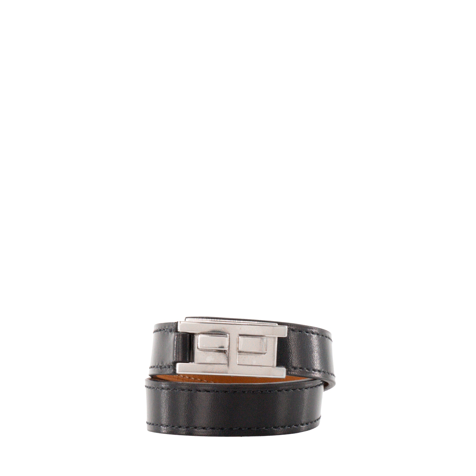 HERMÈS - Bracelet Drag double tour Hermès en cuir lisse noir (T2)