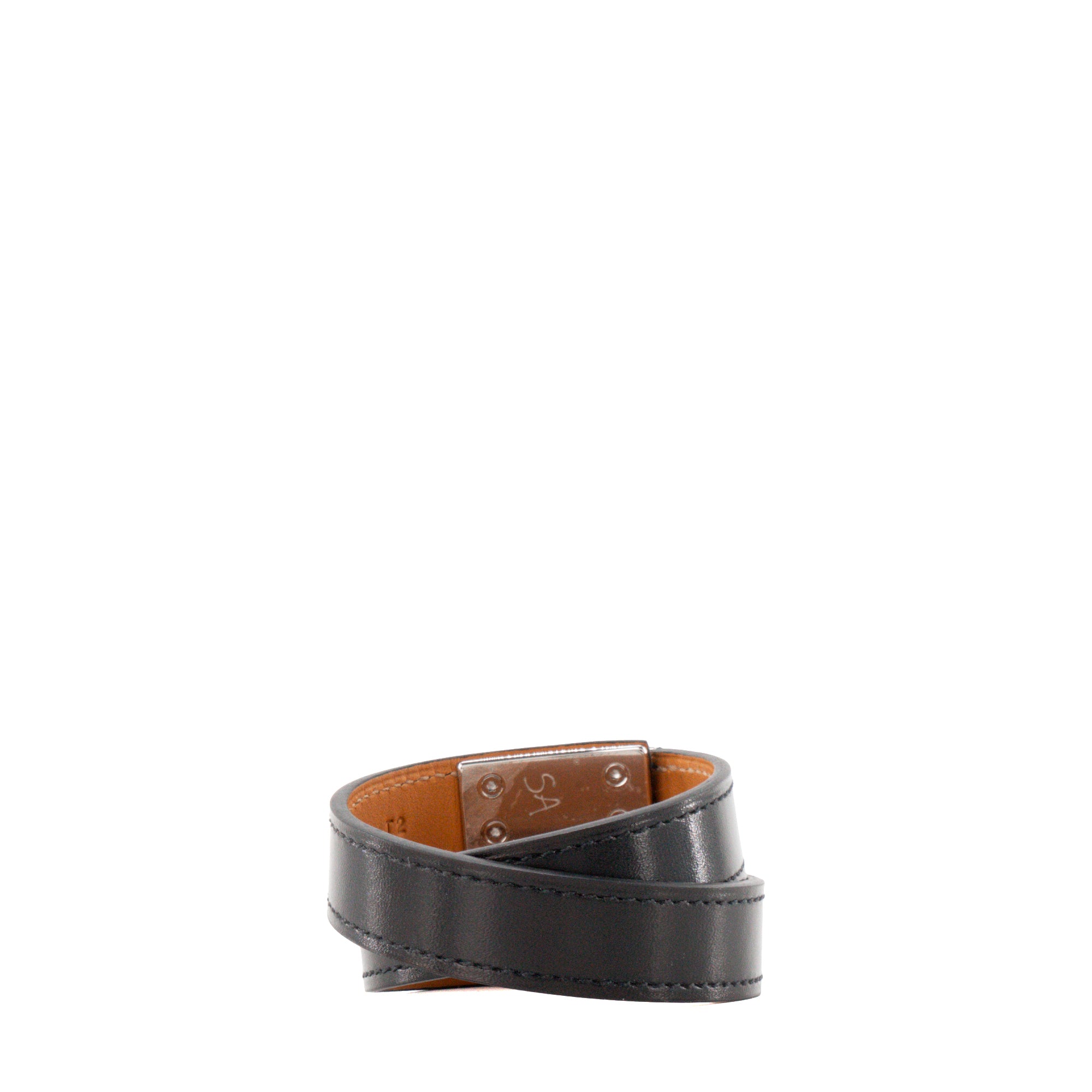 HERMÈS - Bracelet Drag double tour Hermès en cuir lisse noir (T2)