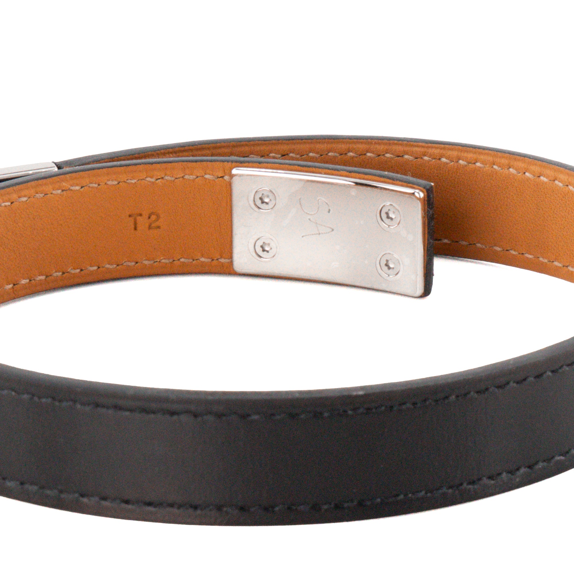 HERMÈS - Bracelet Drag double tour Hermès en cuir lisse noir (T2)