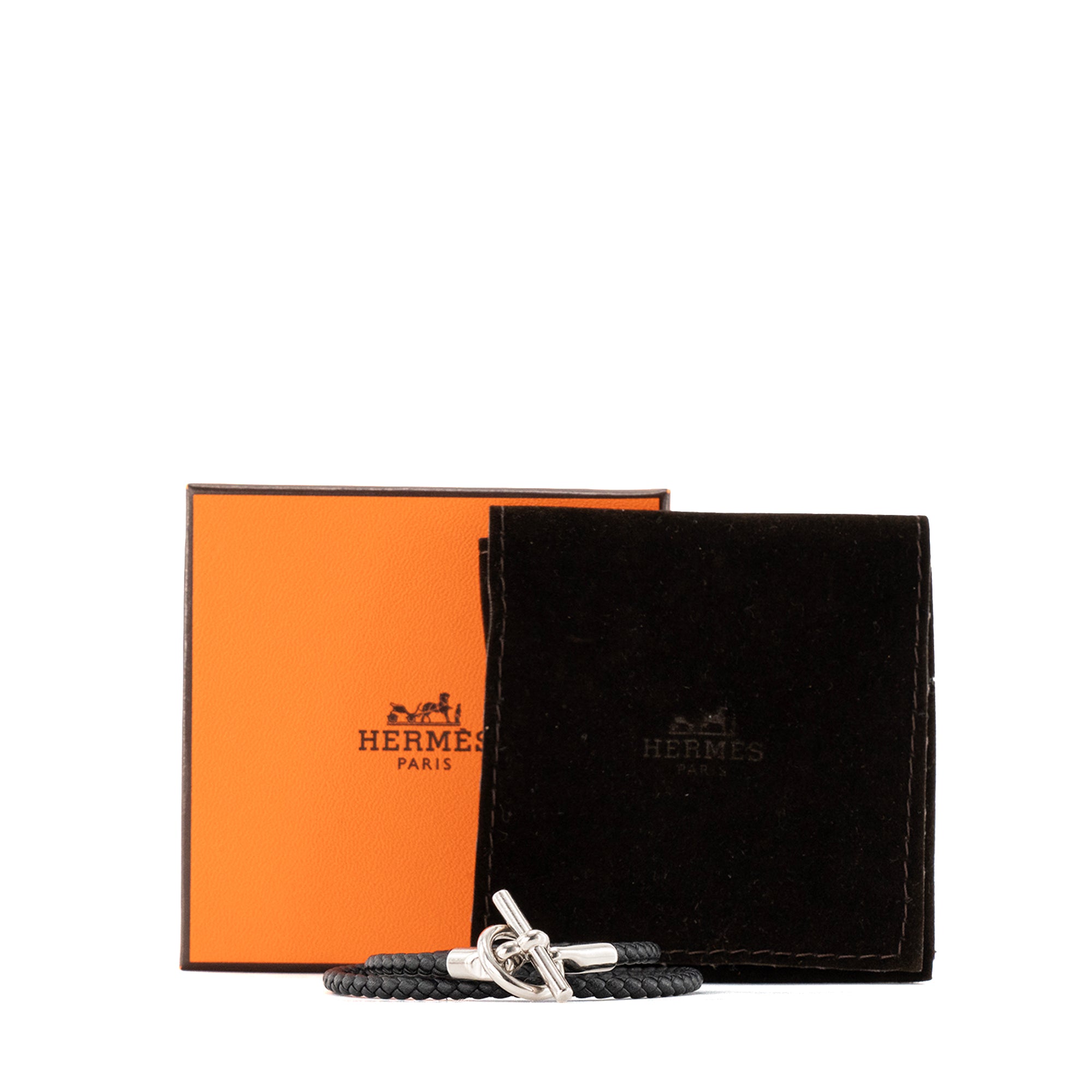 HERMÈS - Bracelet Glénan double tour Hermès en cuir noir (T4)