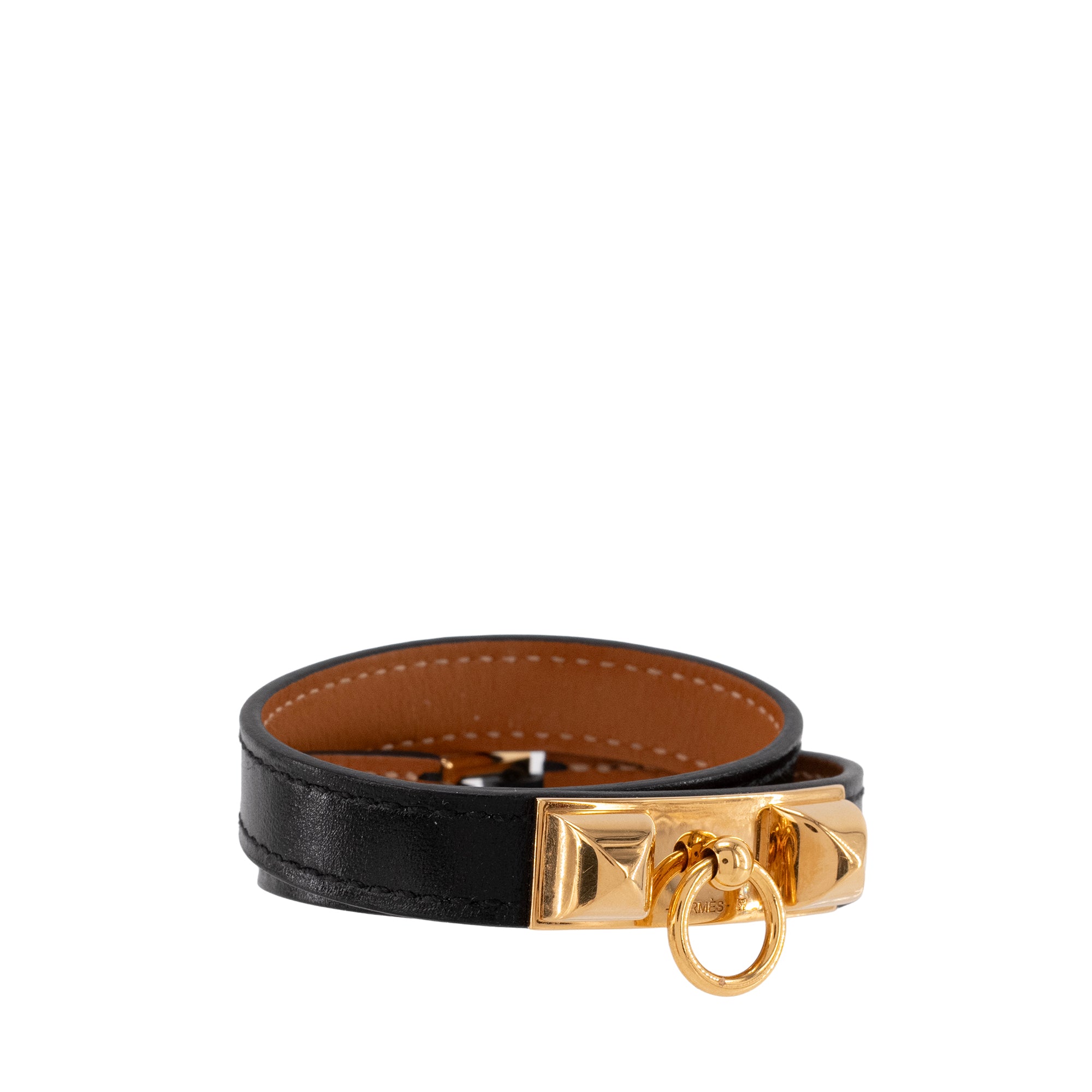 HERMÈS - Bracelet Rivale double tour Hermès en cuir noir (T2)